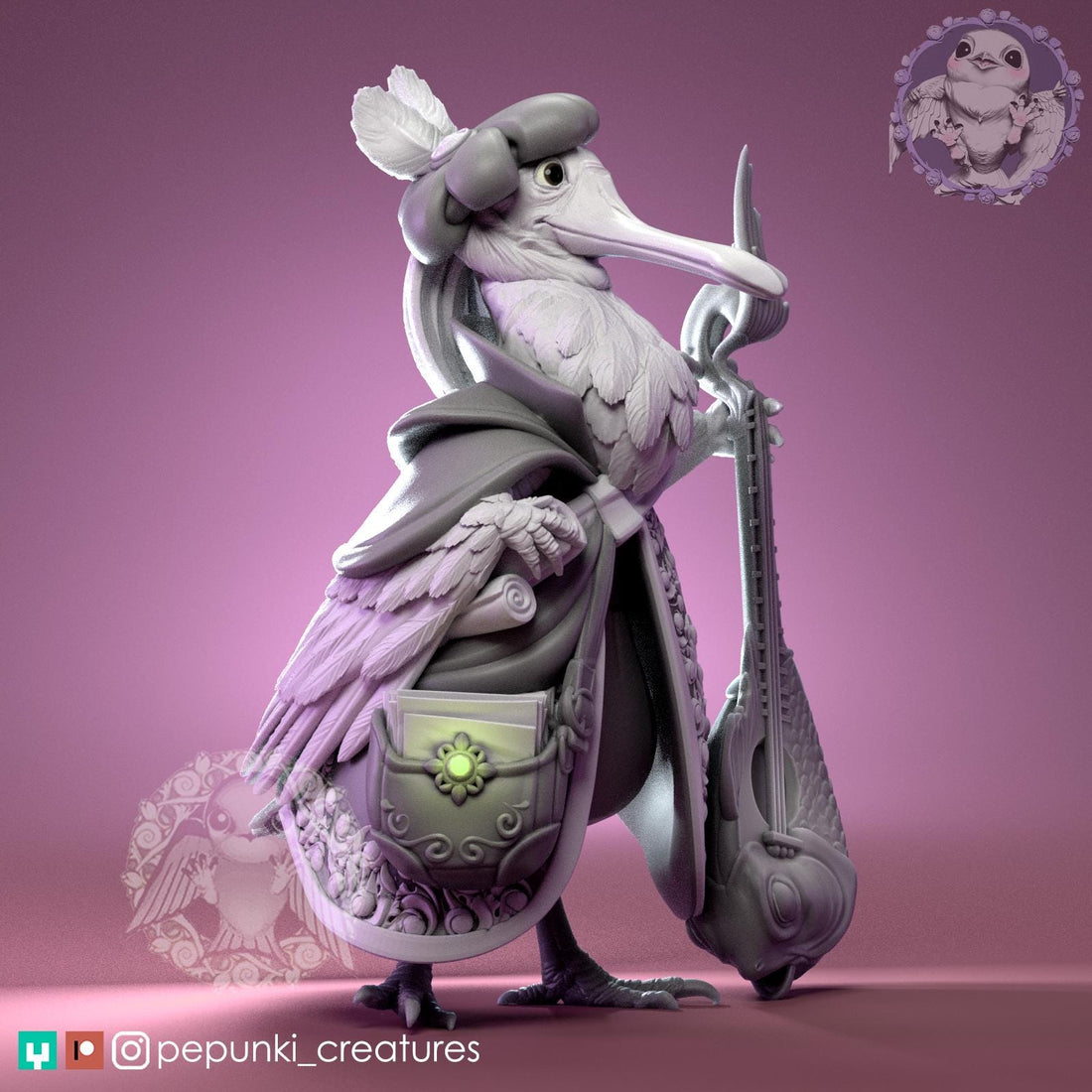 Spoonbill Bard Miniature | Tabletop RPG Miniature | Pepunki Creatures | Roleplaying 3D Printed Fantasy Mini - 3DPrintDen