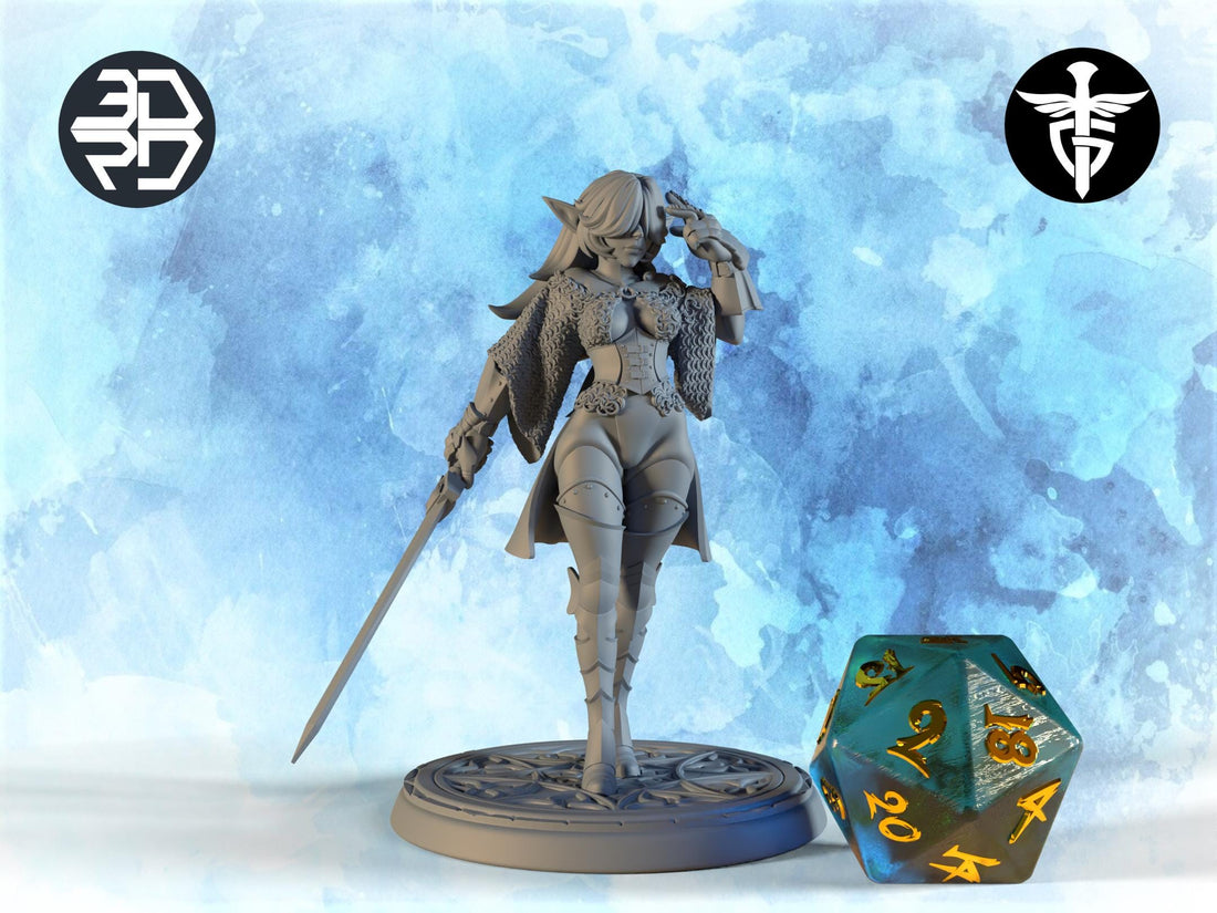 Female Elven Knight Miniature, Tyrianna | Twin Goddess Miniatures | Tabletop RPG Miniature | Roleplaying 3D Printed Fantasy Mini - 3DPrintDen