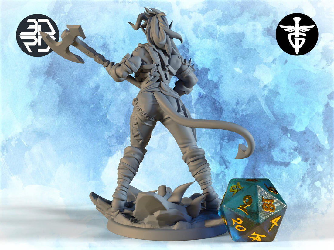Female Tiefling Barbarian Miniature, Charla | Twin Goddess Miniatures | Tabletop RPG Miniature | Roleplaying 3D Printed Fantasy Mini - 3DPrintDen