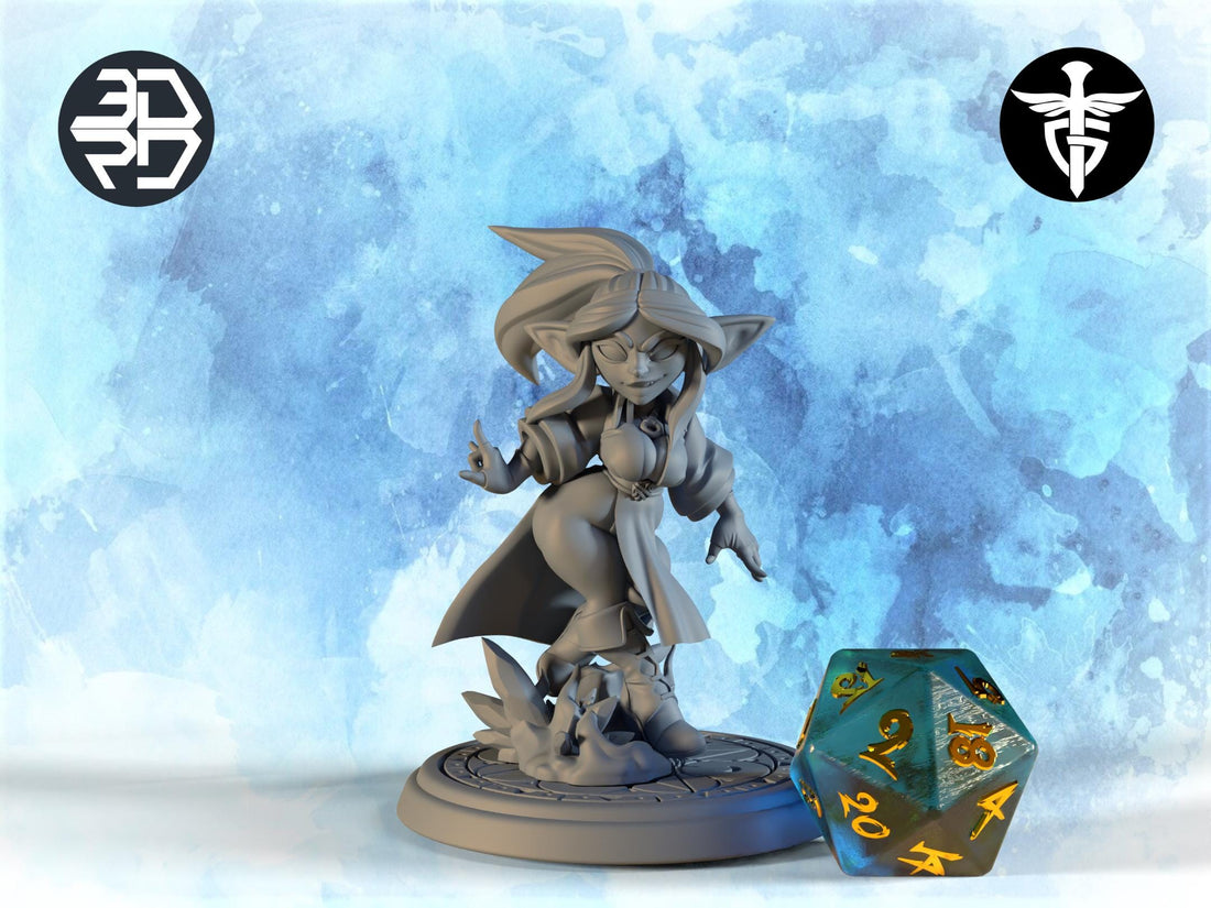 Goblin Sorceress Miniature, Frostflaire | Twin Goddess Miniatures | Tabletop RPG Miniature | Roleplaying 3D Printed Fantasy Mini - 3DPrintDen