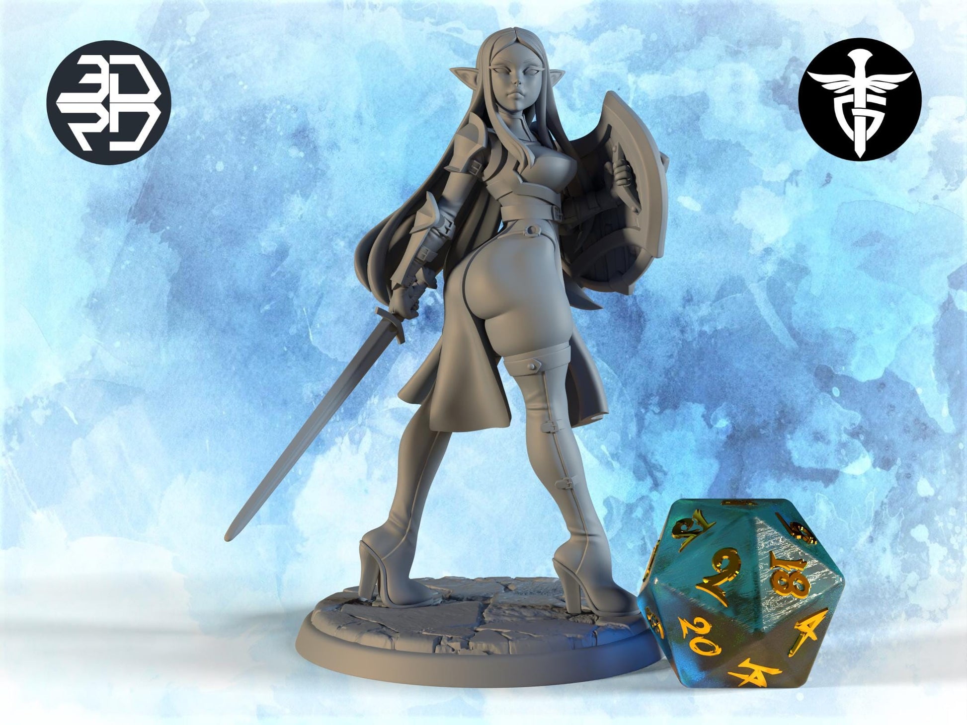 Female Elf Fighter Miniature, Gatthilde | Twin Goddess Miniatures | Tabletop RPG Miniature | Roleplaying 3D Printed Fantasy Mini - 3DPrintDen
