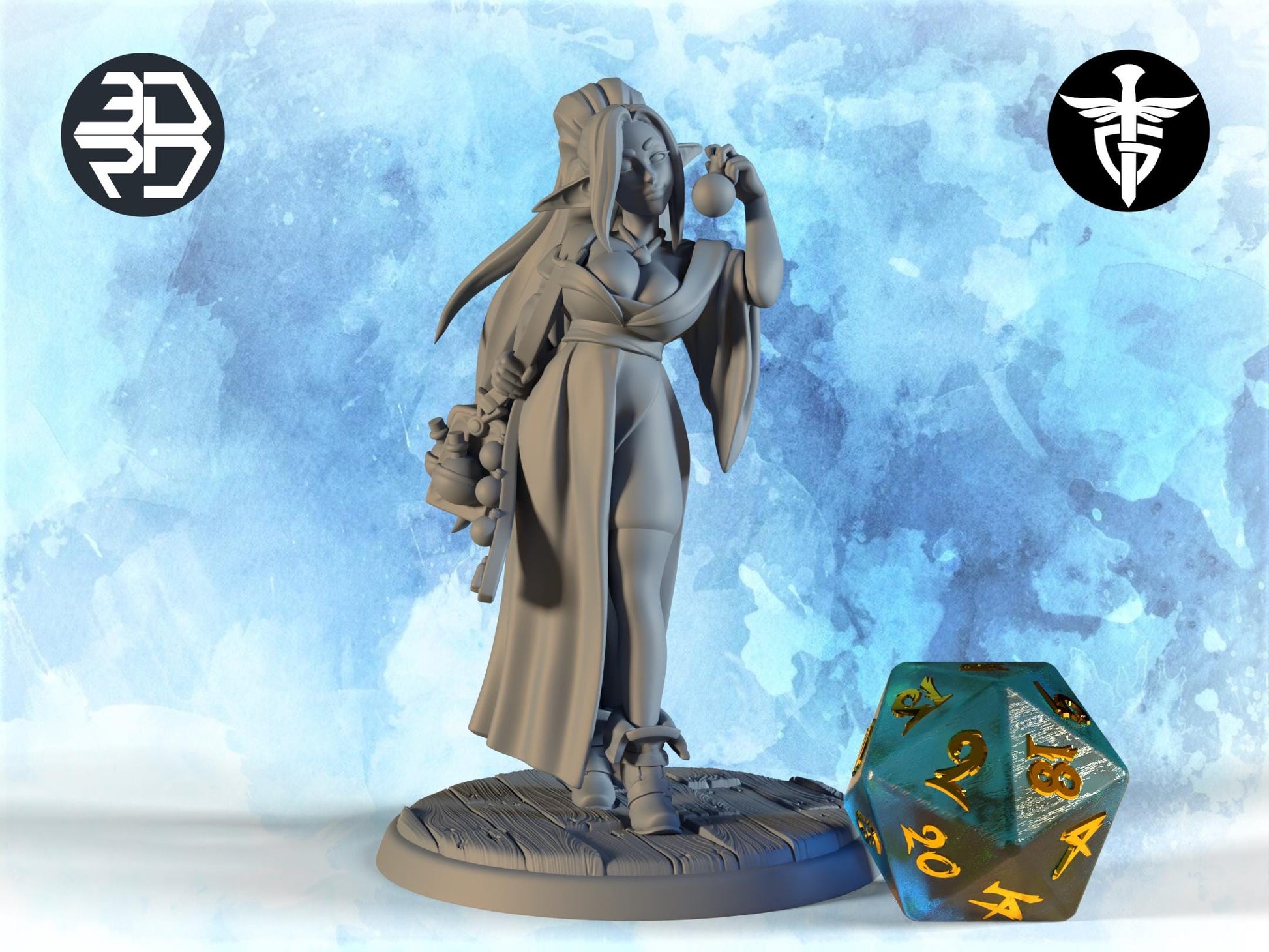 Female Elf Merchant Miniature, Silfie | Twin Goddess Miniatures | Tabletop RPG Miniature | Roleplaying 3D Printed Fantasy Mini - 3DPrintDen