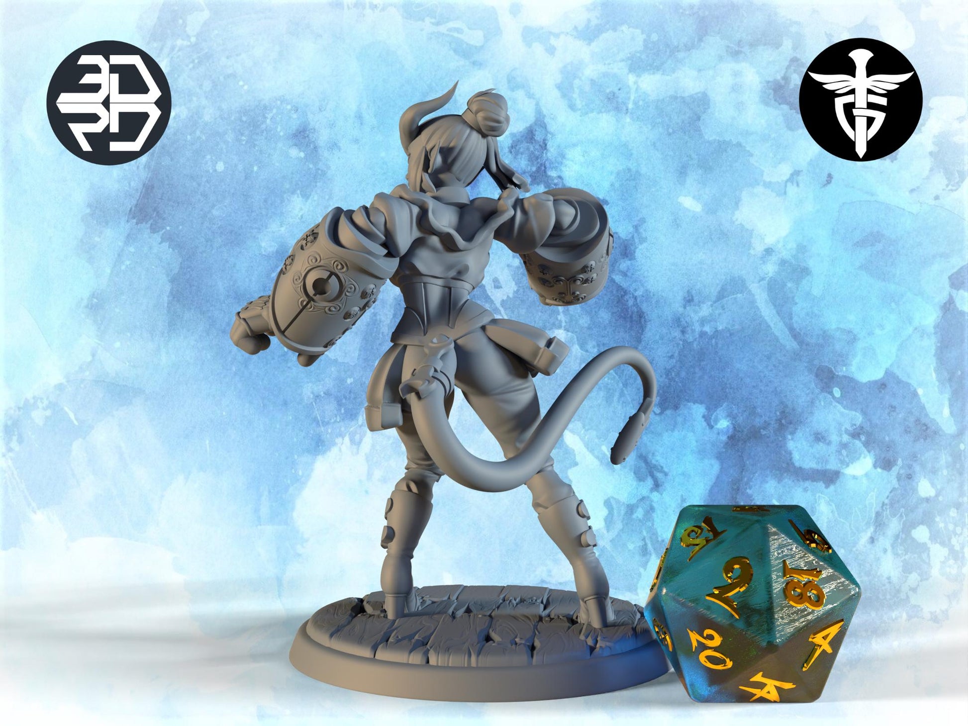 Female Tiefling Fighter Miniature, Punch | Twin Goddess Miniatures | Tabletop RPG Miniature | Roleplaying 3D Printed Fantasy Mini - 3DPrintDen