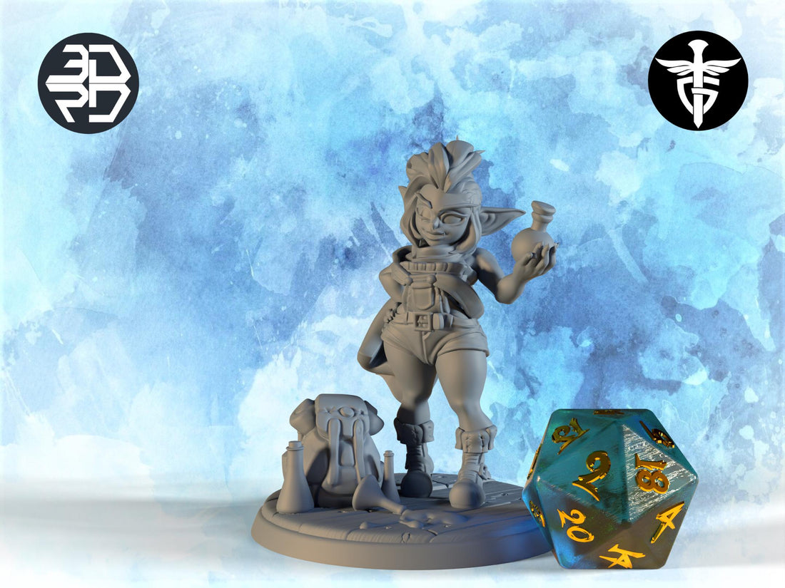 Female Goblin Alchemist Miniature, Goldie | Twin Goddess Miniatures | Tabletop RPG Miniature | Roleplaying 3D Printed Fantasy Mini - 3DPrintDen
