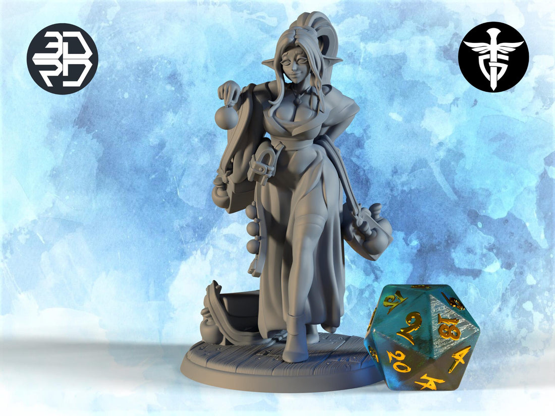 Female Elf Merchant Miniature, Silfie | Twin Goddess Miniatures | Tabletop RPG Miniature | Roleplaying 3D Printed Fantasy Mini - 3DPrintDen