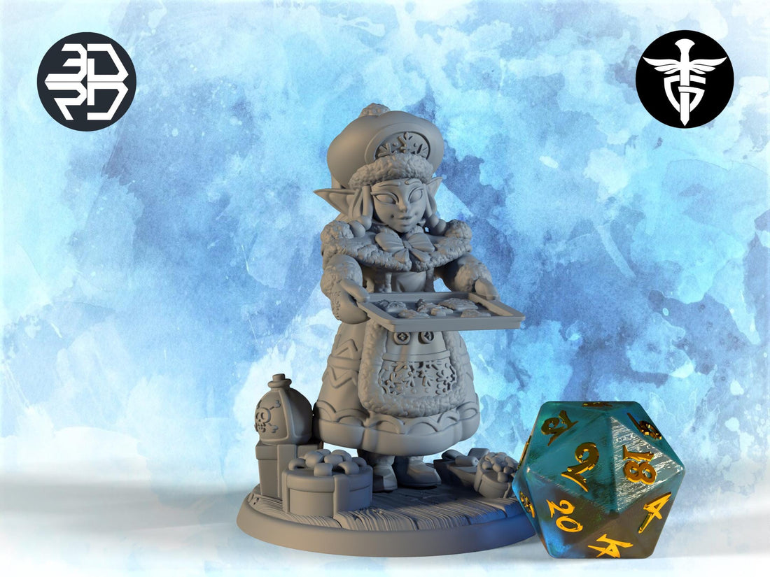 Female Christmas Elf Miniature, Mrs Gobbs | Twin Goddess Miniatures | Tabletop RPG Miniature | Roleplaying 3D Printed Fantasy Mini - 3DPrintDen