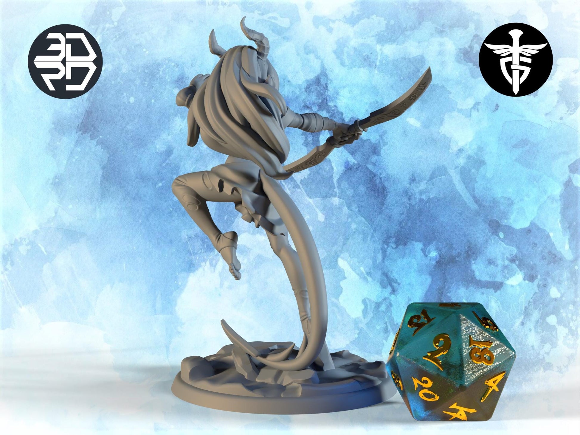 Female Tiefling Fighter Miniature, Neferit | Twin Goddess Miniatures | Tabletop RPG Miniature | Roleplaying 3D Printed Fantasy Mini - 3DPrintDen
