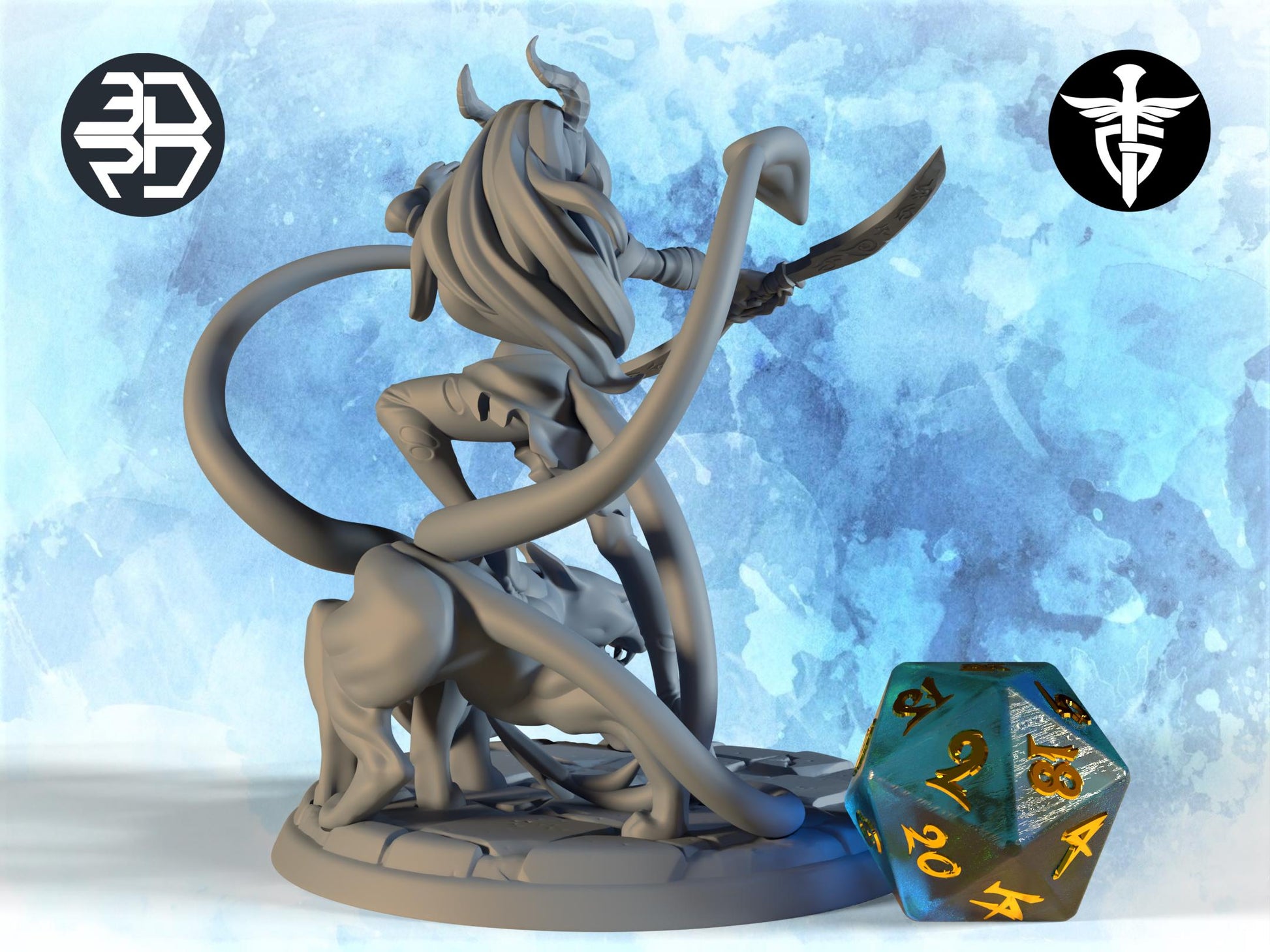 Female Tiefling Fighter Miniature, Neferit | Twin Goddess Miniatures | Tabletop RPG Miniature | Roleplaying 3D Printed Fantasy Mini - 3DPrintDen