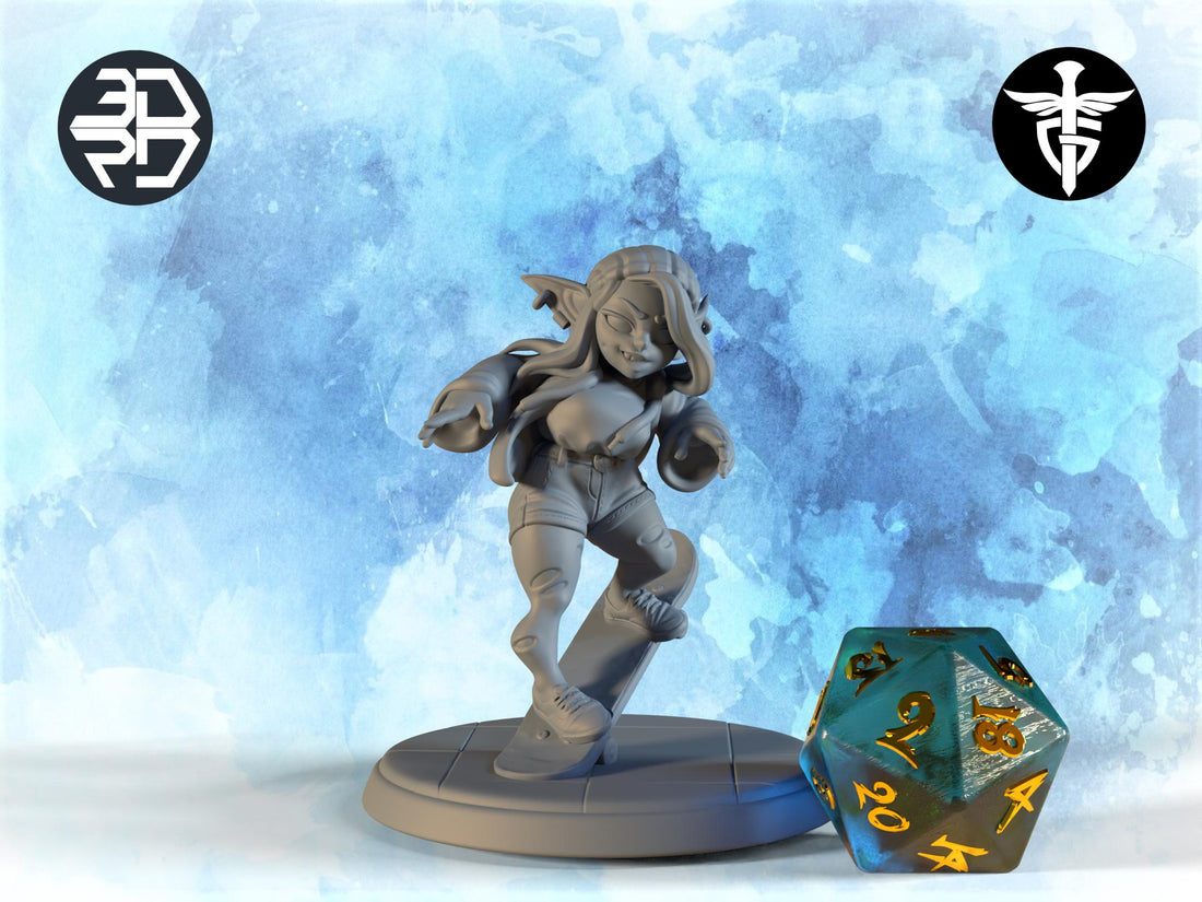 Female Goblin Skater Miniature | Twin Goddess Miniatures | Tabletop RPG Miniature | Roleplaying 3D Printed Fantasy Mini - 3DPrintDen