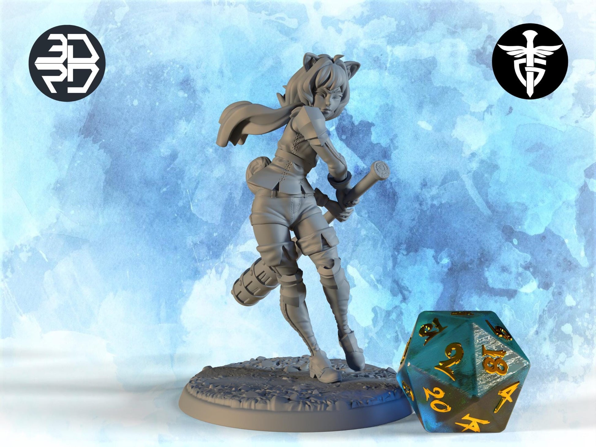 Catgirl Warrior Miniature | Twin Goddess Miniatures | Tabletop RPG Miniature | Roleplaying 3D Printed Fantasy Mini - 3DPrintDen