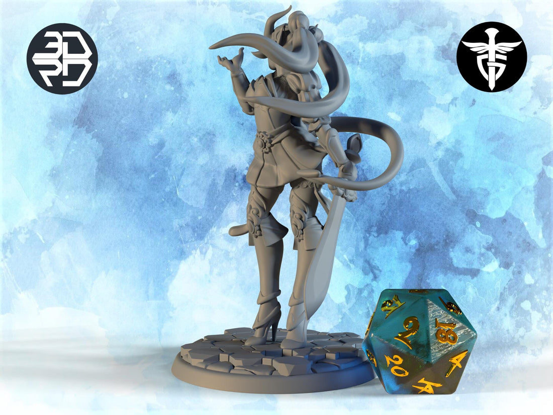 Female Tiefling Fighter Miniature | Twin Goddess Miniatures | Tabletop RPG Miniature | Roleplaying 3D Printed Fantasy Mini - 3DPrintDen