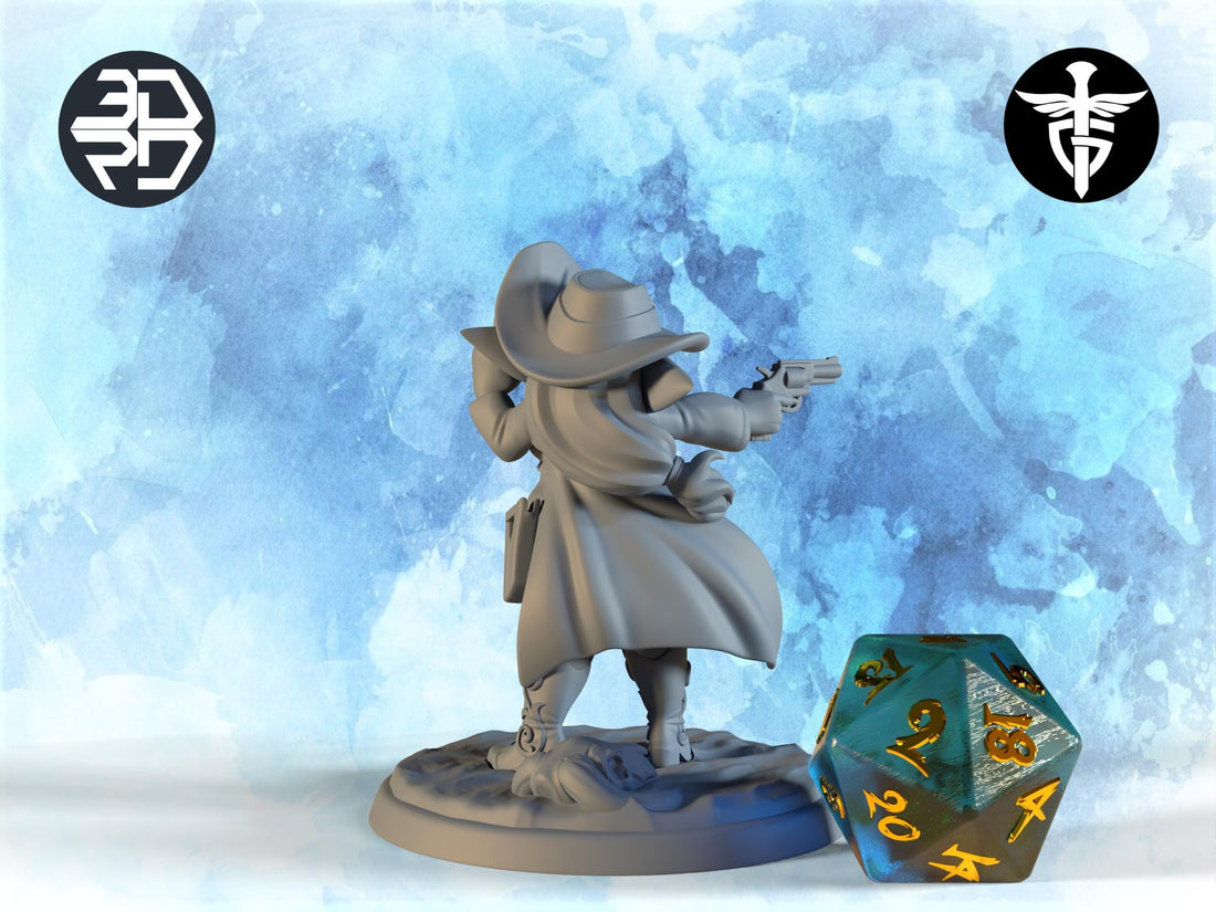 Female Goblin Gunslinger Miniature, Baretta | Twin Goddess Miniatures | Tabletop RPG Miniature | Roleplaying 3D Printed Fantasy Mini - 3DPrintDen