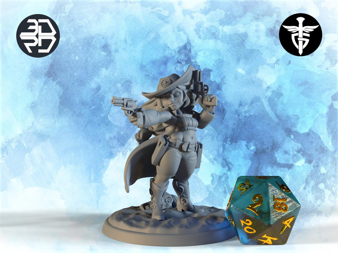 Female Goblin Gunslinger Miniature, Baretta | Twin Goddess Miniatures | Tabletop RPG Miniature | Roleplaying 3D Printed Fantasy Mini - 3DPrintDen