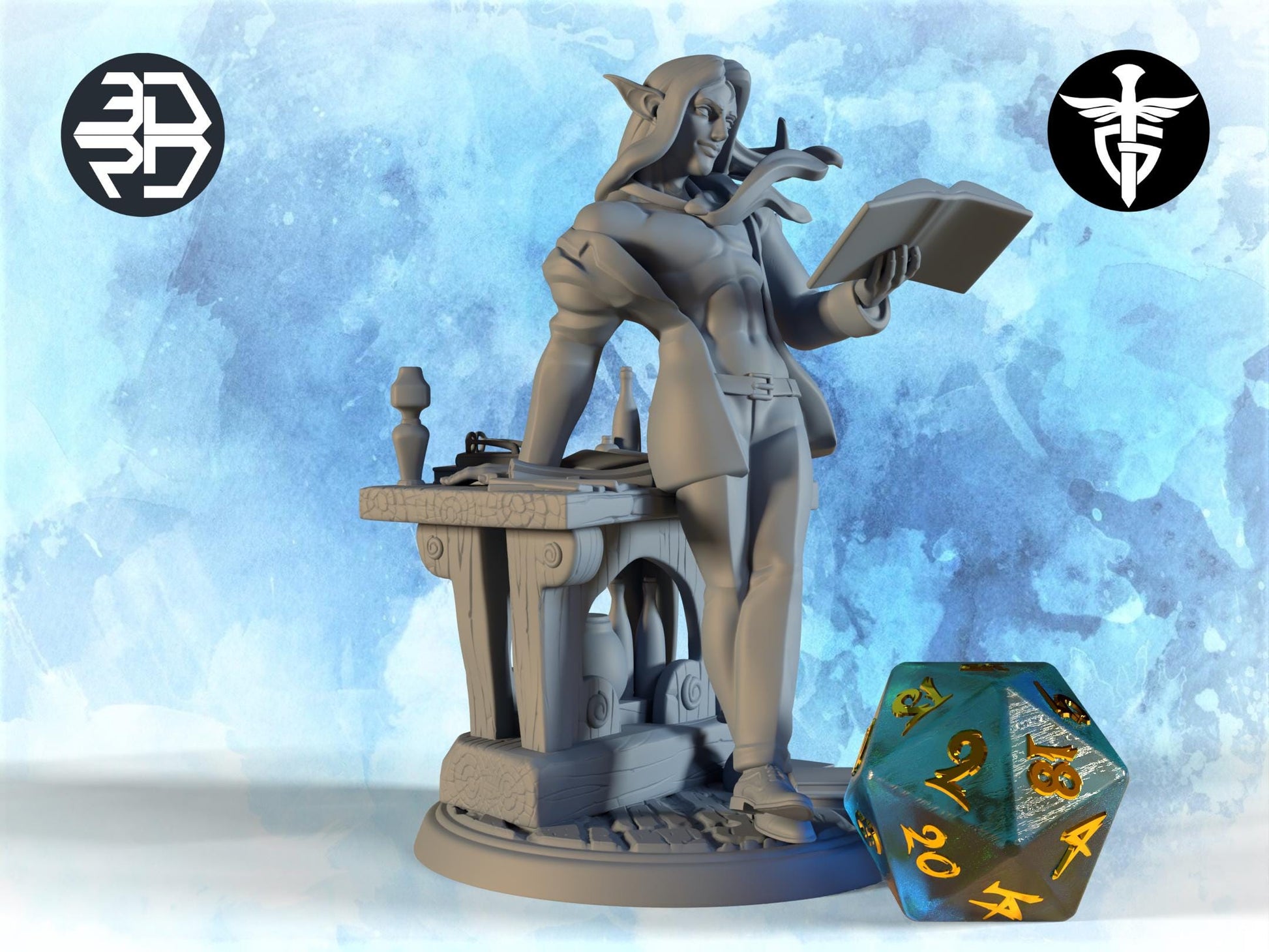 Elf Professor Miniature, Syiva | Twin Goddess Miniatures | Tabletop RPG Miniature | Roleplaying 3D Printed Fantasy Mini - 3DPrintDen