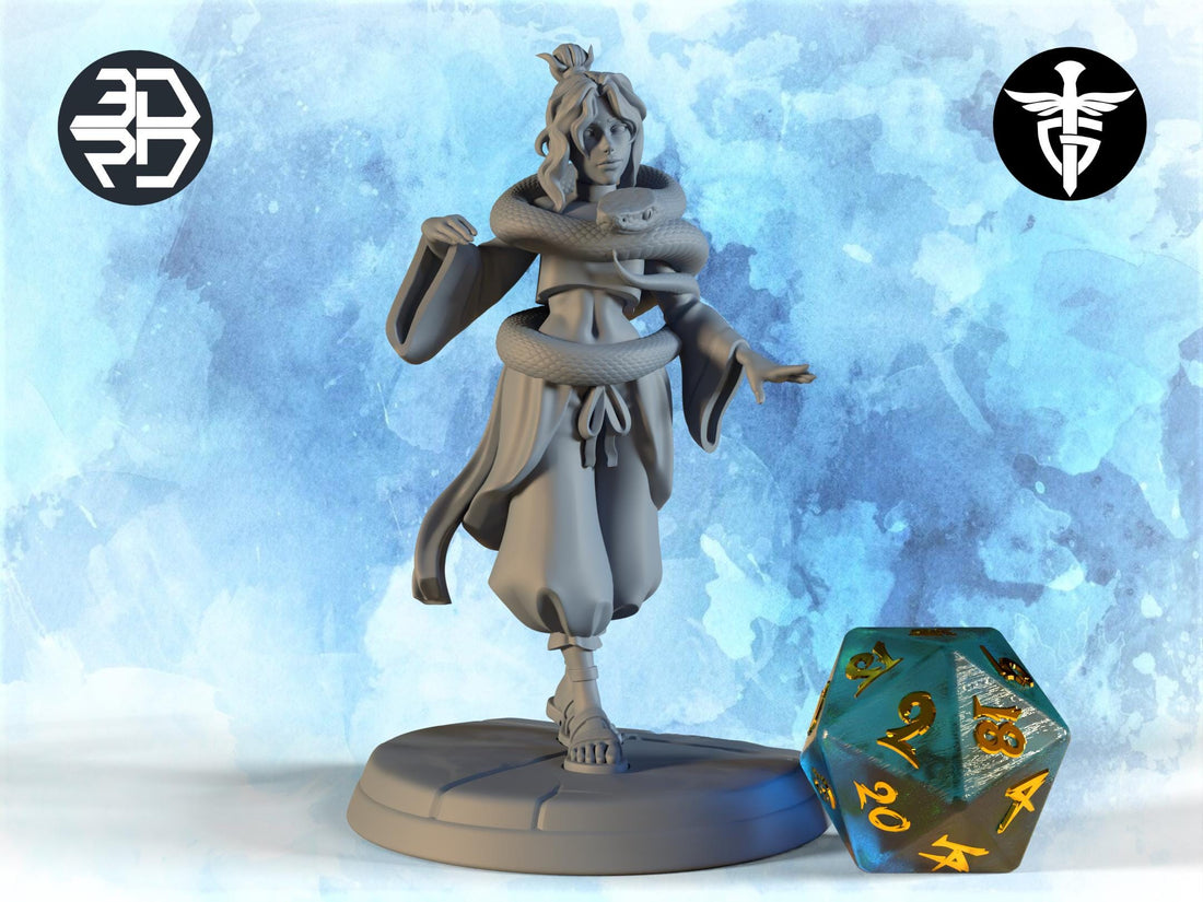 Female Yoga Snake Master Miniature, Saan | Twin Goddess Miniatures | Tabletop RPG Miniature | Roleplaying 3D Printed Fantasy Mini - 3DPrintDen