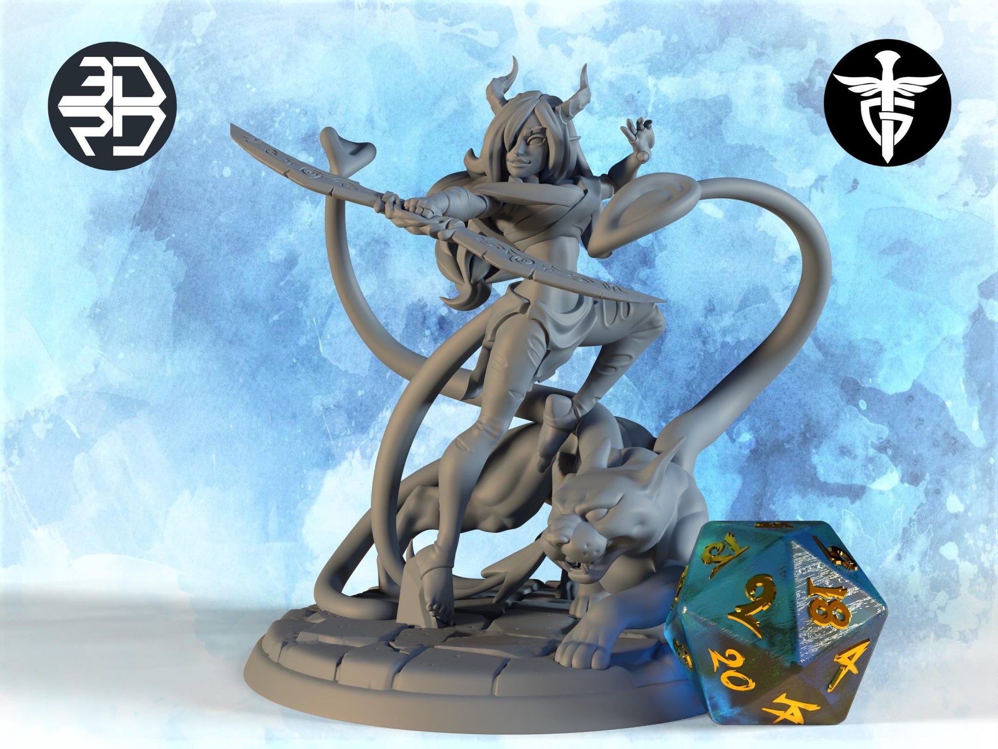 Female Tiefling Fighter Miniature, Neferit | Twin Goddess Miniatures | Tabletop RPG Miniature | Roleplaying 3D Printed Fantasy Mini - 3DPrintDen