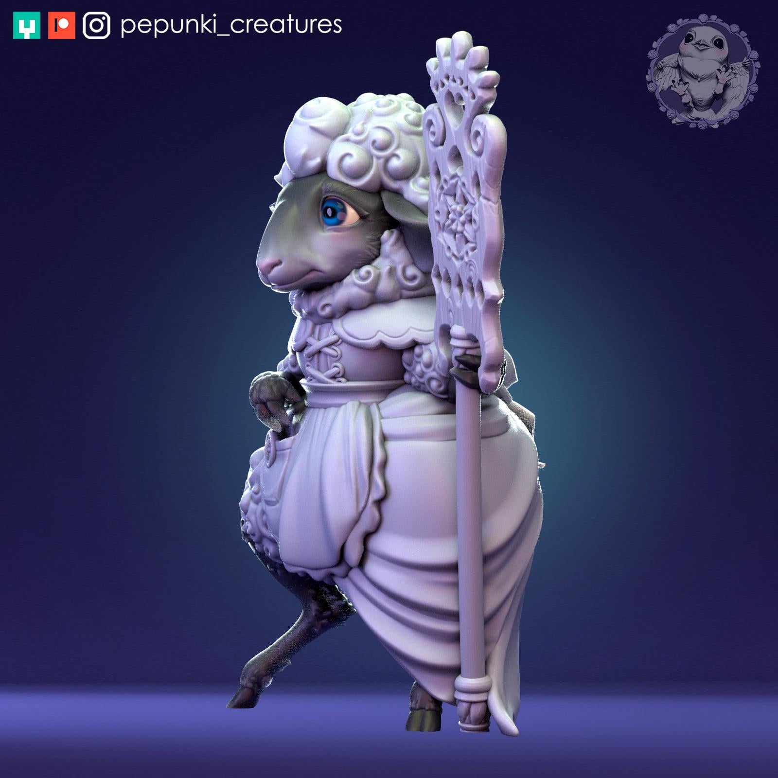 Sheep Lady Miniature | Tabletop RPG Miniature | Pepunki Creatures | Roleplaying 3D Printed Fantasy Mini - 3DPrintDen
