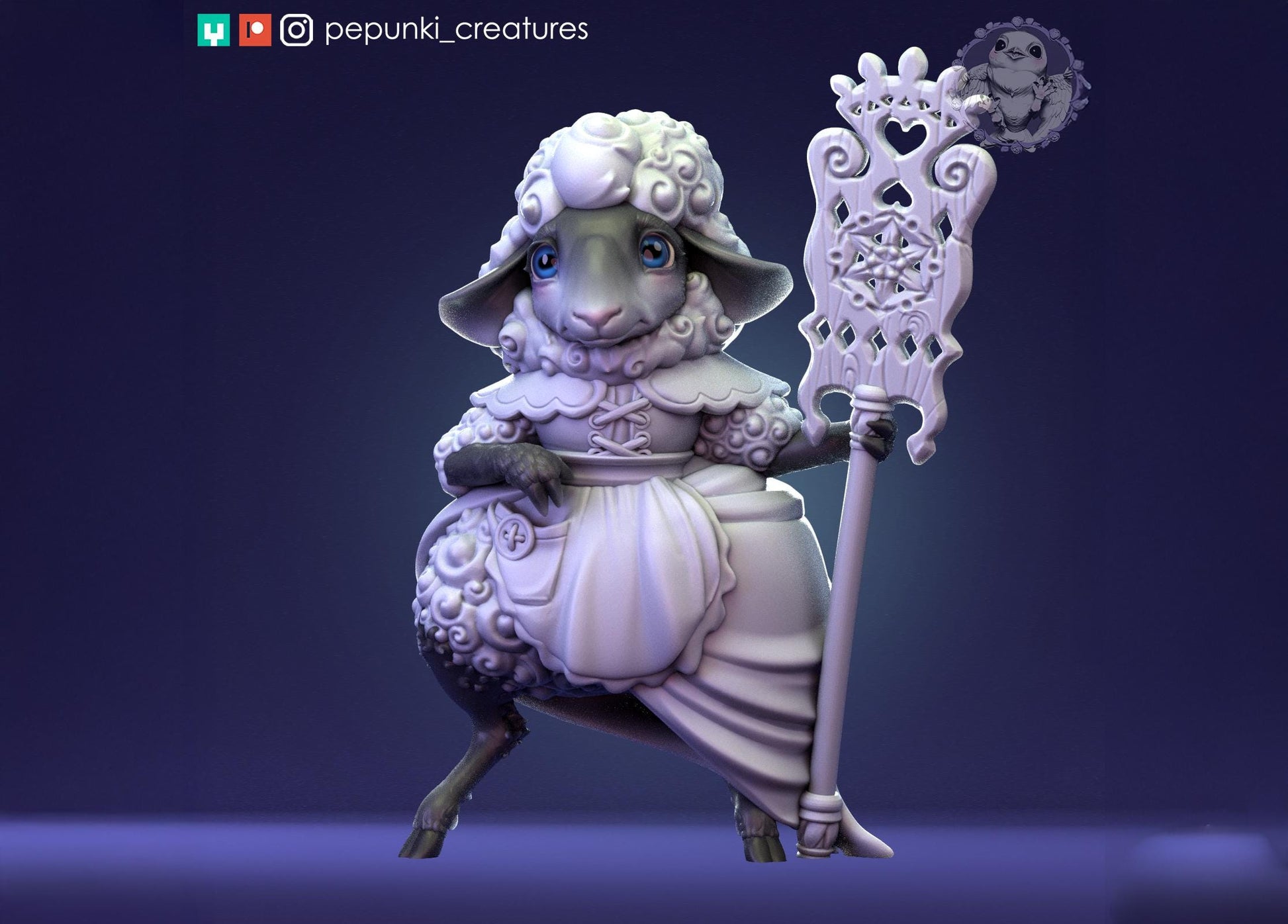 Sheep Lady Miniature | Tabletop RPG Miniature | Pepunki Creatures | Roleplaying 3D Printed Fantasy Mini - 3DPrintDen