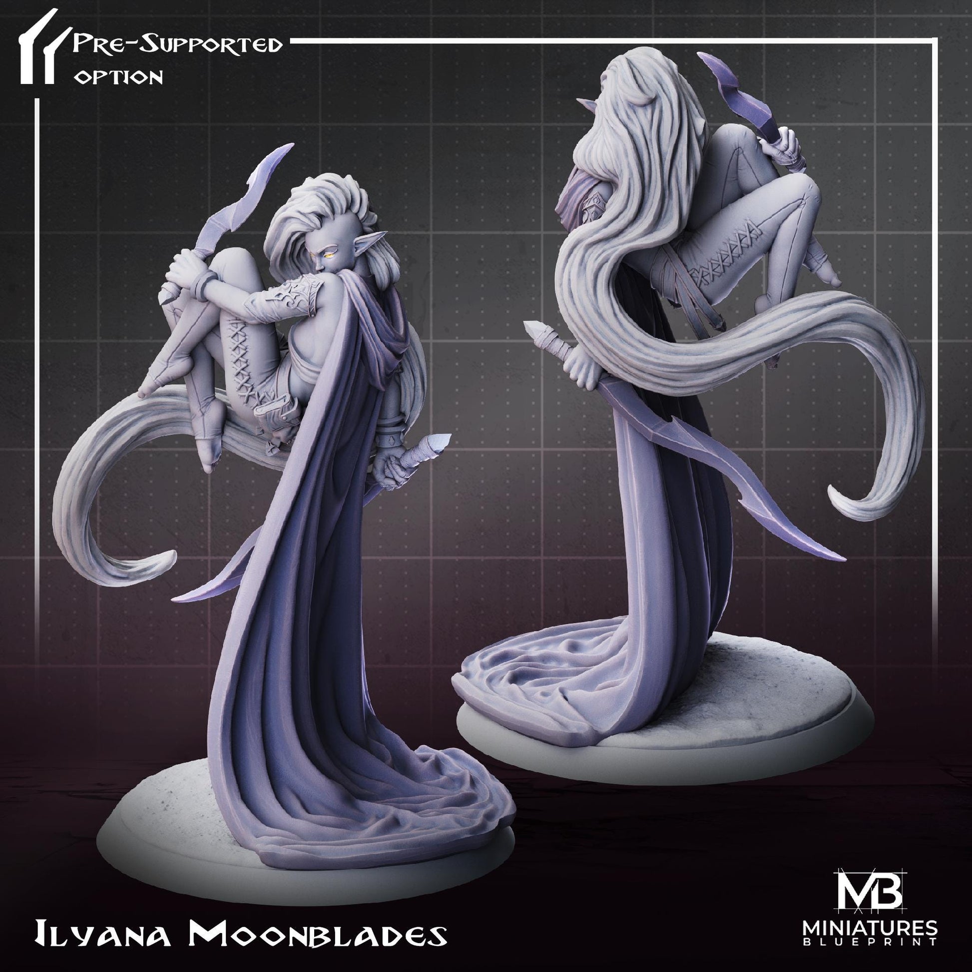 Female Elf Miniature, Ilyana Moonblades | Tabletop RPG Miniature | Miniatures Blueprint | Roleplaying 3D Printed Fantasy Mini - 3DPrintDen