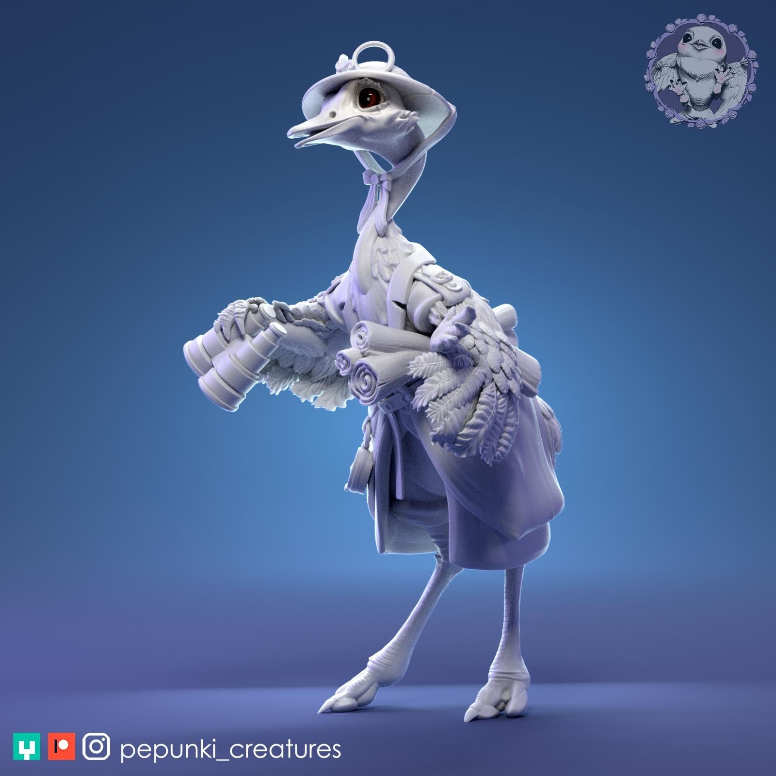 Ostrich Scientist Miniature | Tabletop RPG Miniature | Pepunki Creatures | Roleplaying 3D Printed Fantasy Mini - 3DPrintDen