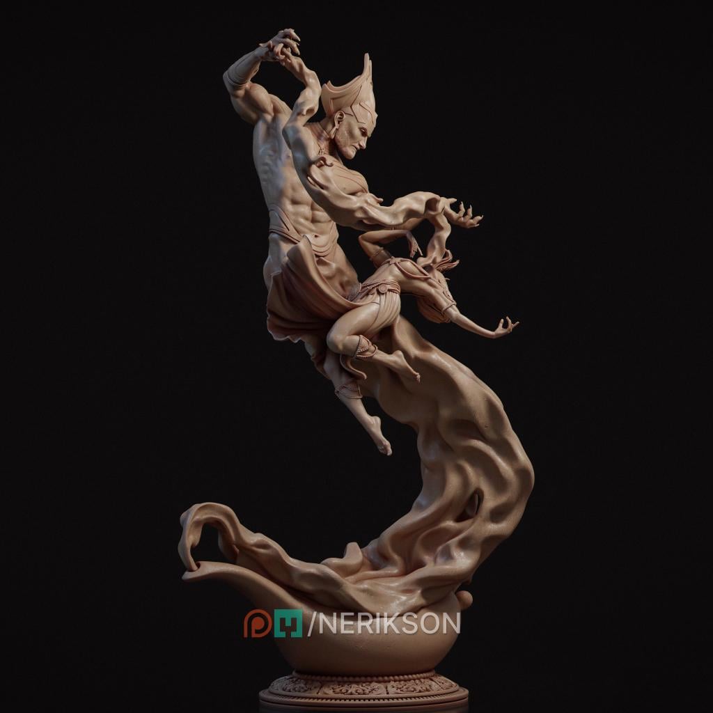 the Djinn and Lashira Diorama Miniature, Wish | Tabletop RPG Miniature | Nerikson | Roleplaying 3D Printed Fantasy Mini - 3DPrintDen