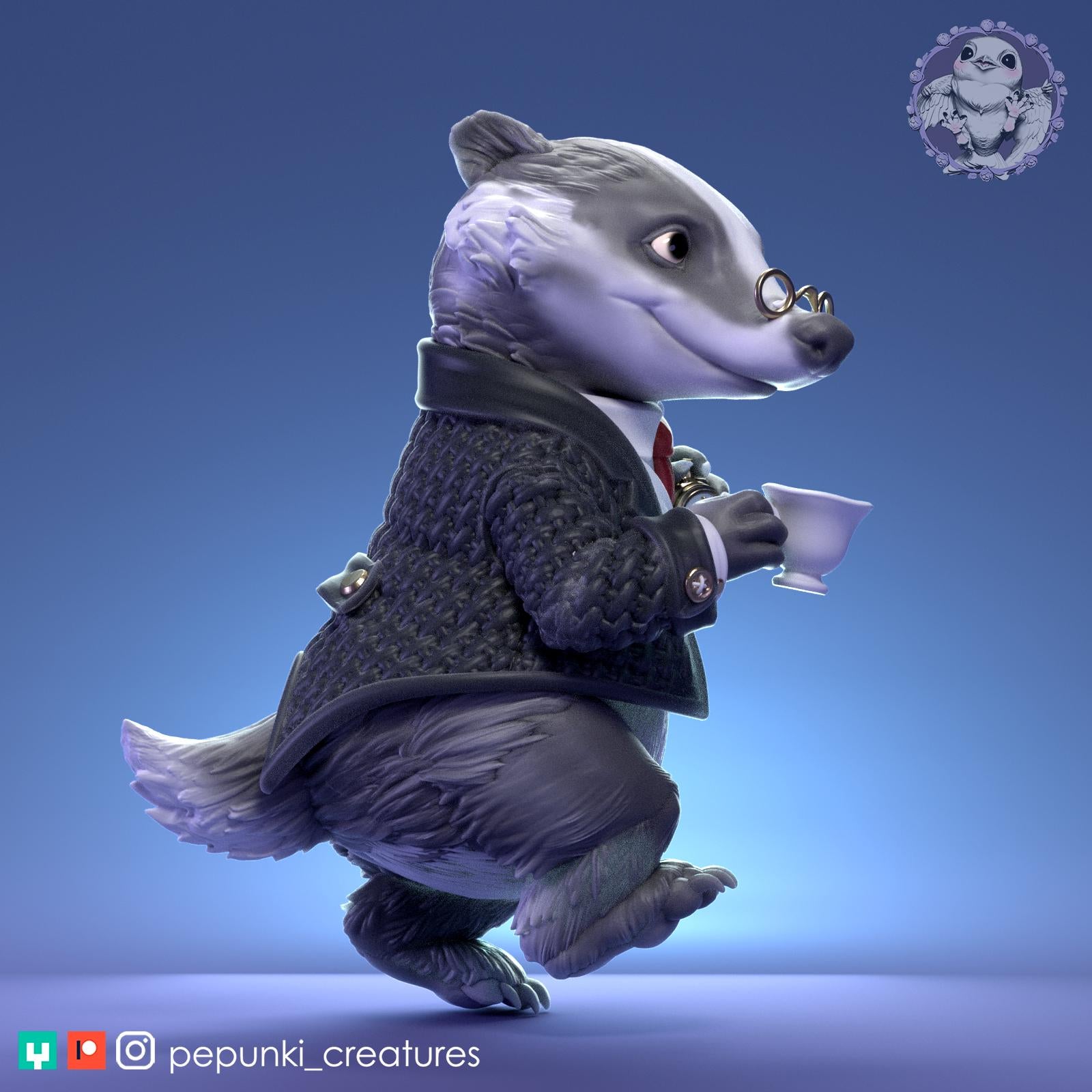 Gentleman Badger Miniature | Tabletop RPG Miniature | Pepunki Creatures | Roleplaying 3D Printed Fantasy Mini - 3DPrintDen