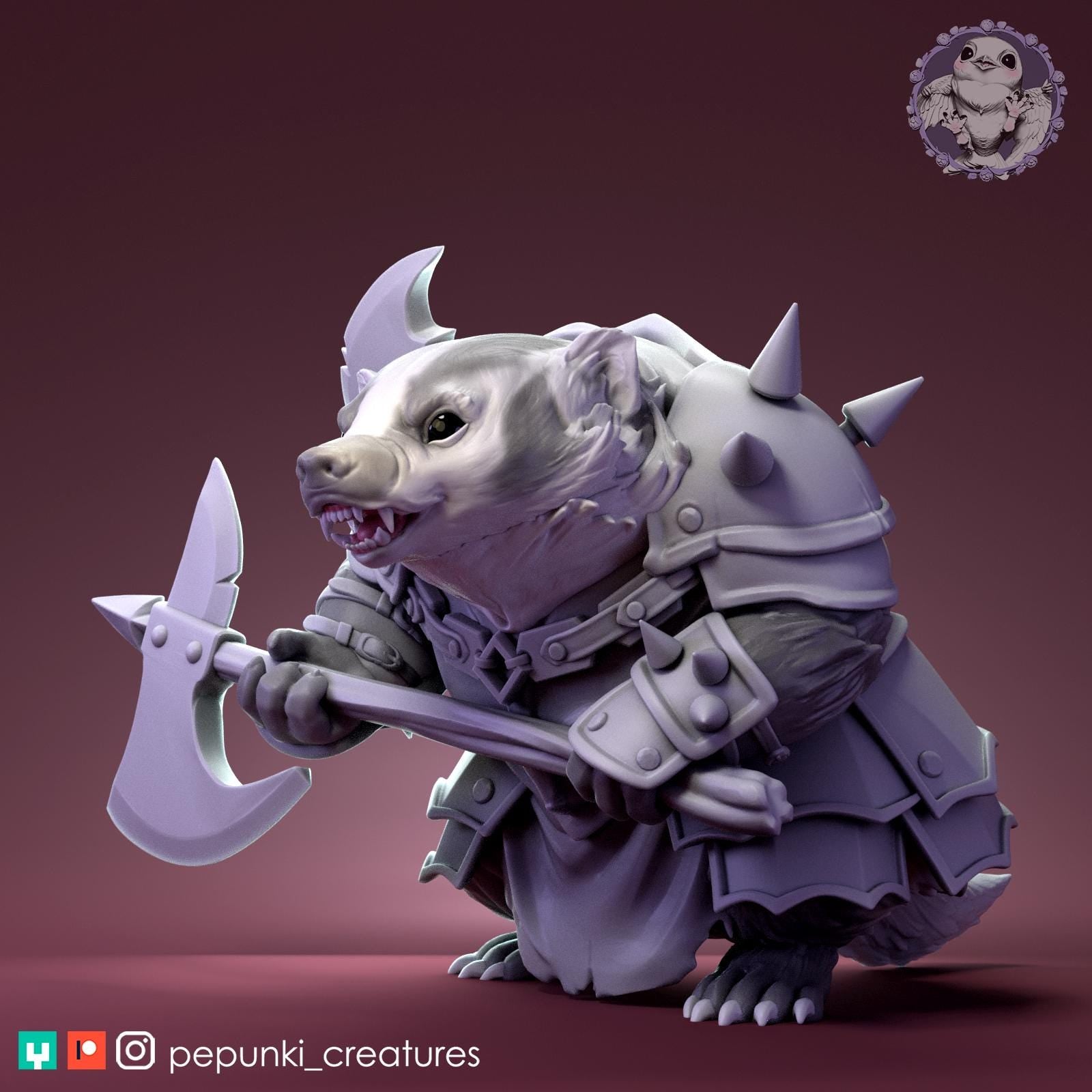 Warrior Badger Miniature | Tabletop RPG Miniature | Pepunki Creatures | Roleplaying 3D Printed Fantasy Mini - 3DPrintDen