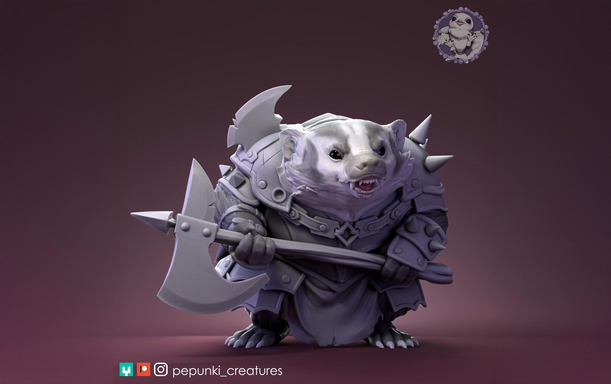 Warrior Badger Miniature | Tabletop RPG Miniature | Pepunki Creatures | Roleplaying 3D Printed Fantasy Mini - 3DPrintDen