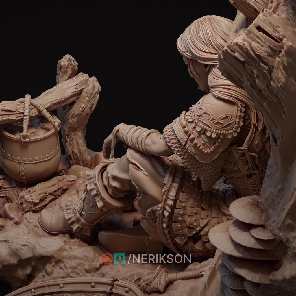 A Moment of Rest Diorama Miniature, Nastasya | Tabletop RPG Miniature | Nerikson | Roleplaying 3D Printed Fantasy Mini - 3DPrintDen