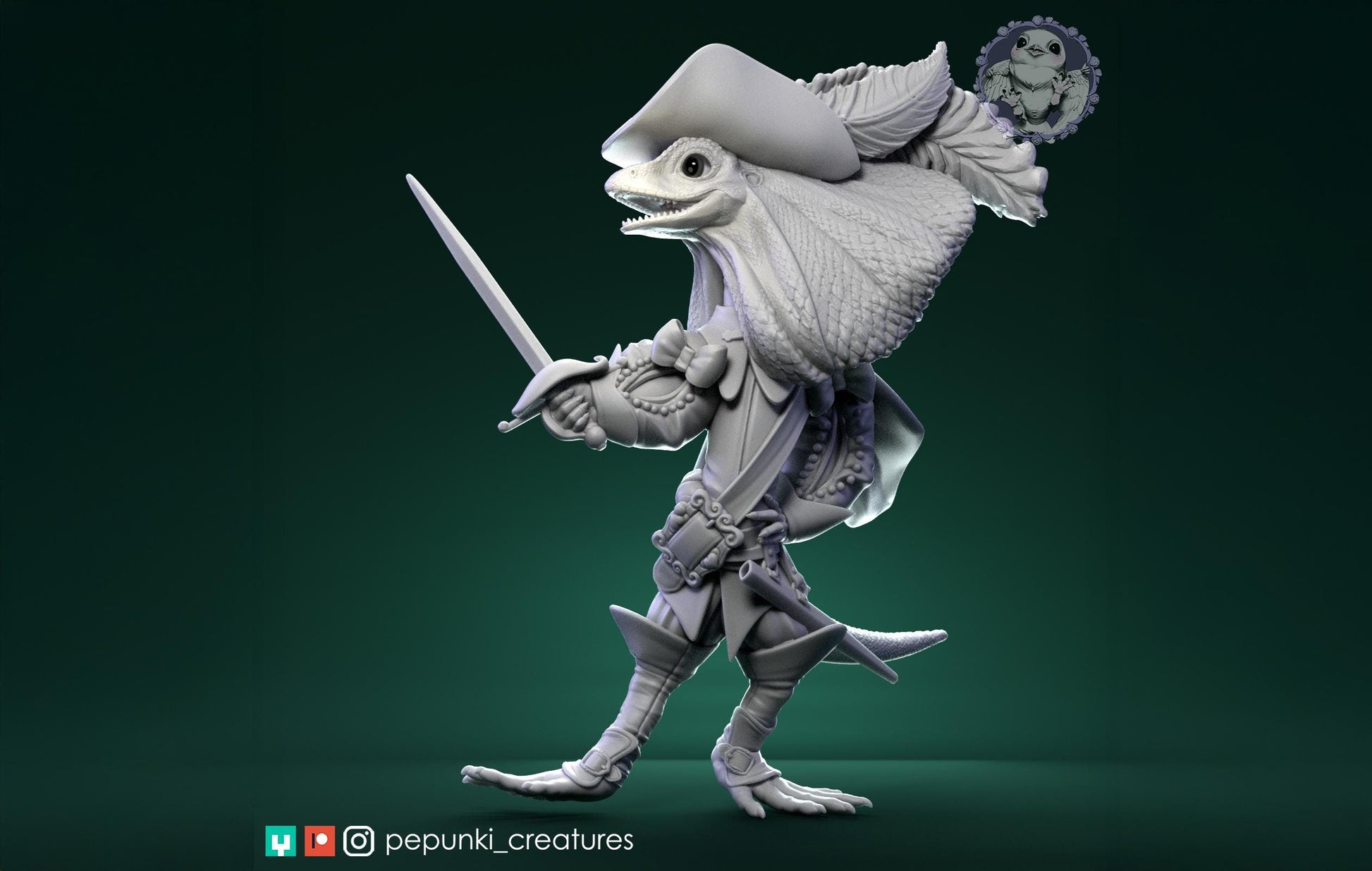 Frilled Musketeer Miniature | Tabletop RPG Miniature | Pepunki Creatures | Roleplaying 3D Printed Fantasy Mini - 3DPrintDen
