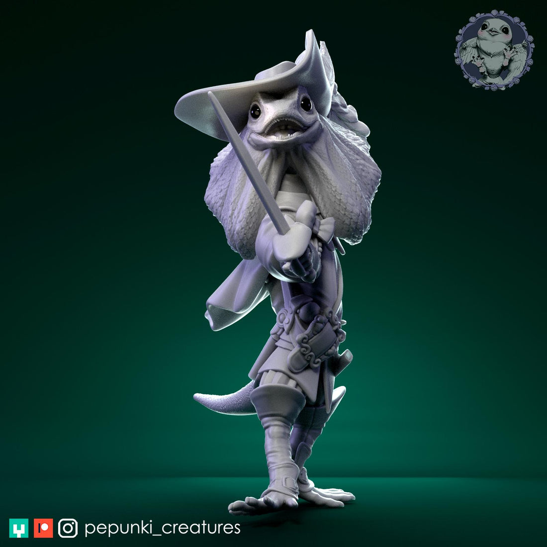 Frilled Musketeer Miniature | Tabletop RPG Miniature | Pepunki Creatures | Roleplaying 3D Printed Fantasy Mini - 3DPrintDen