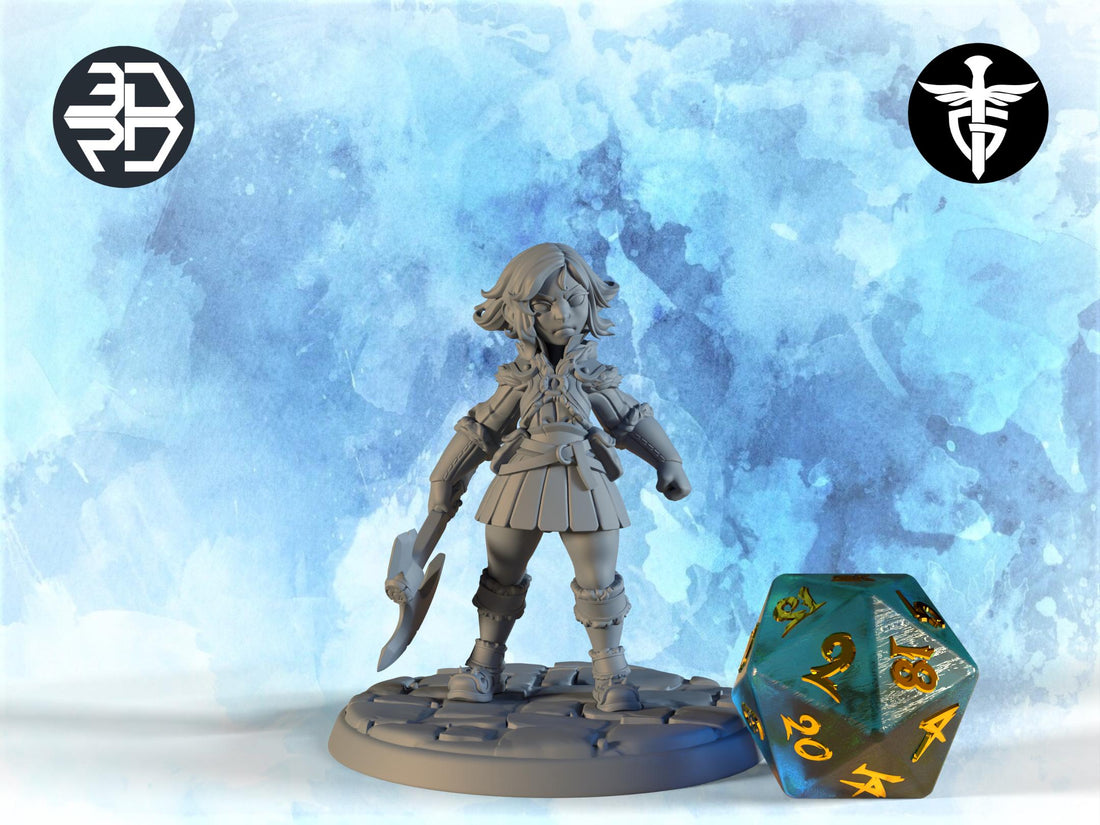 Female Halfling Fighter Miniature, Maemita | Twin Goddess Miniatures | Tabletop RPG Miniature | Roleplaying 3D Printed Fantasy Mini - 3DPrintDen