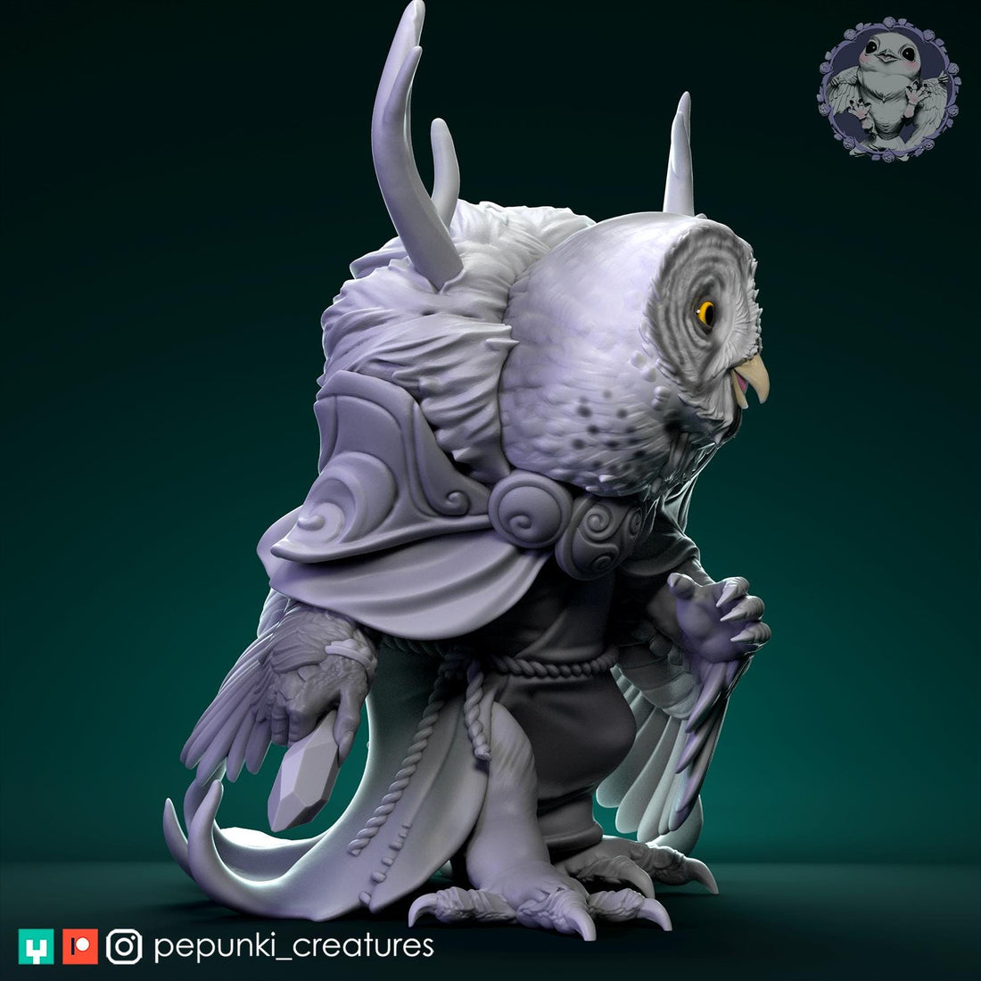 Great Grey Owl Druid Miniature | Tabletop RPG Miniature | Pepunki Creatures | Roleplaying 3D Printed Fantasy Mini - 3DPrintDen