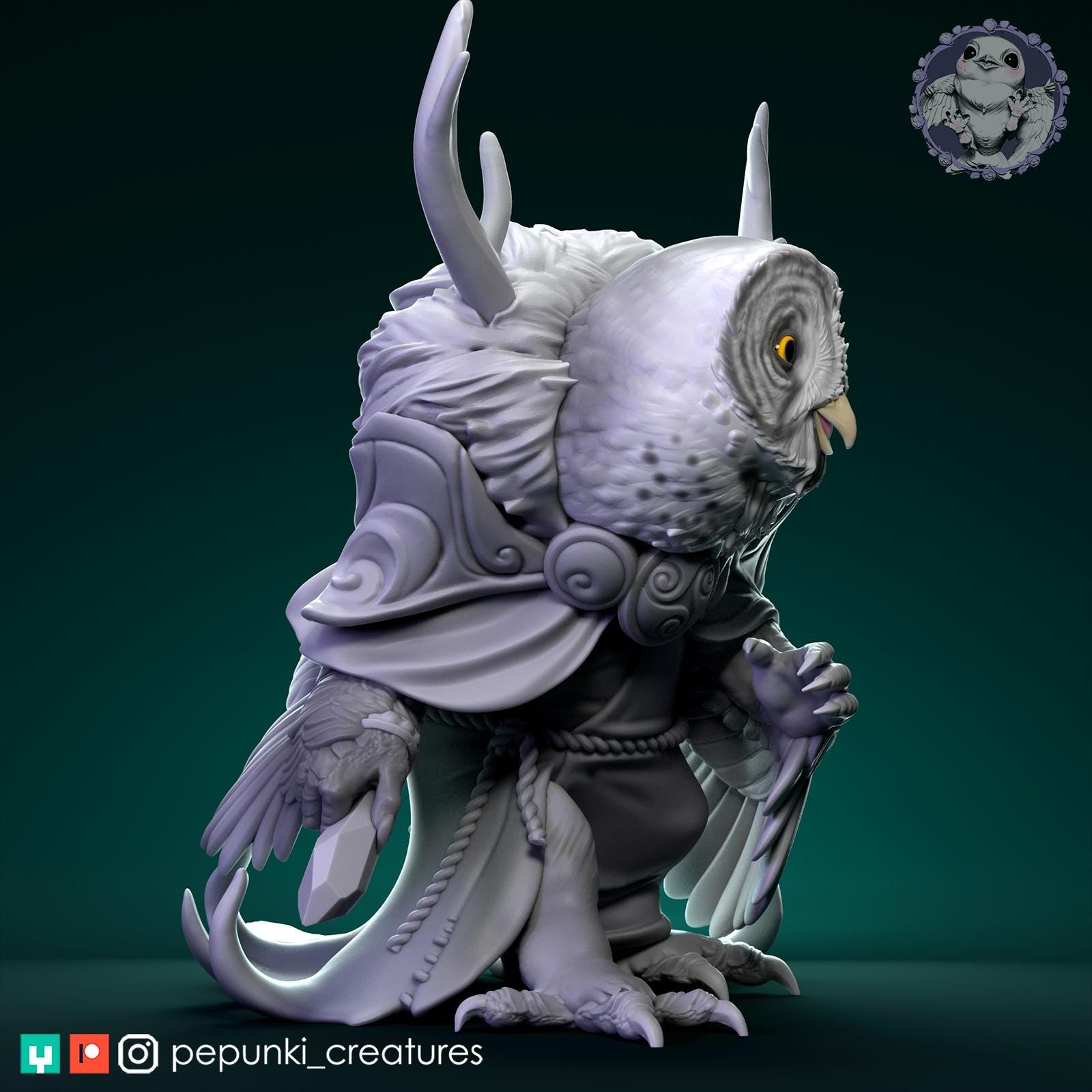 Great Grey Owl Druid Miniature | Tabletop RPG Miniature | Pepunki Creatures | Roleplaying 3D Printed Fantasy Mini - 3DPrintDen