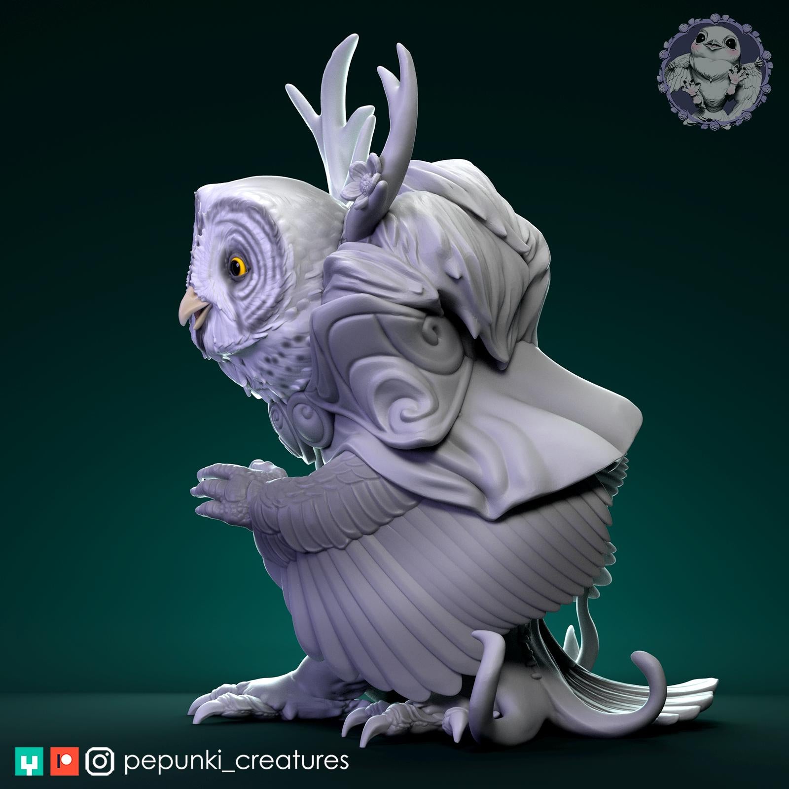 Great Grey Owl Druid Miniature | Tabletop RPG Miniature | Pepunki Creatures | Roleplaying 3D Printed Fantasy Mini - 3DPrintDen
