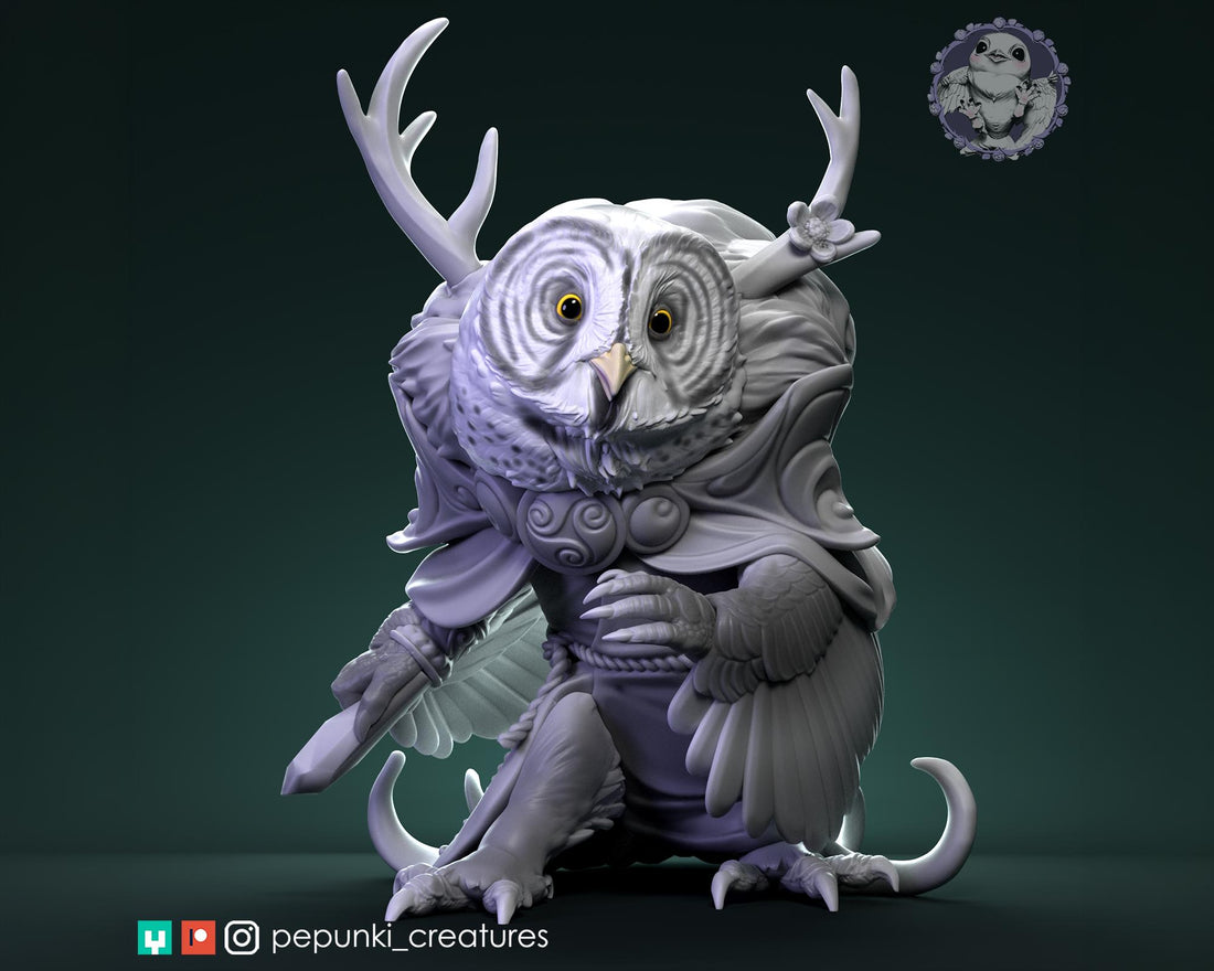Great Grey Owl Druid Miniature | Tabletop RPG Miniature | Pepunki Creatures | Roleplaying 3D Printed Fantasy Mini - 3DPrintDen