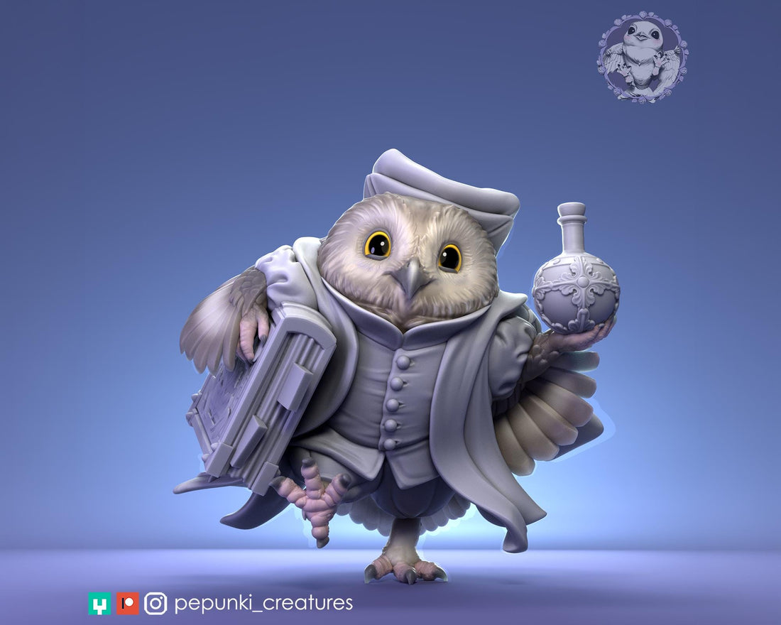 Saw-Whet Owl Secretary Miniature | Tabletop RPG Miniature | Pepunki Creatures | Roleplaying 3D Printed Fantasy Mini - 3DPrintDen