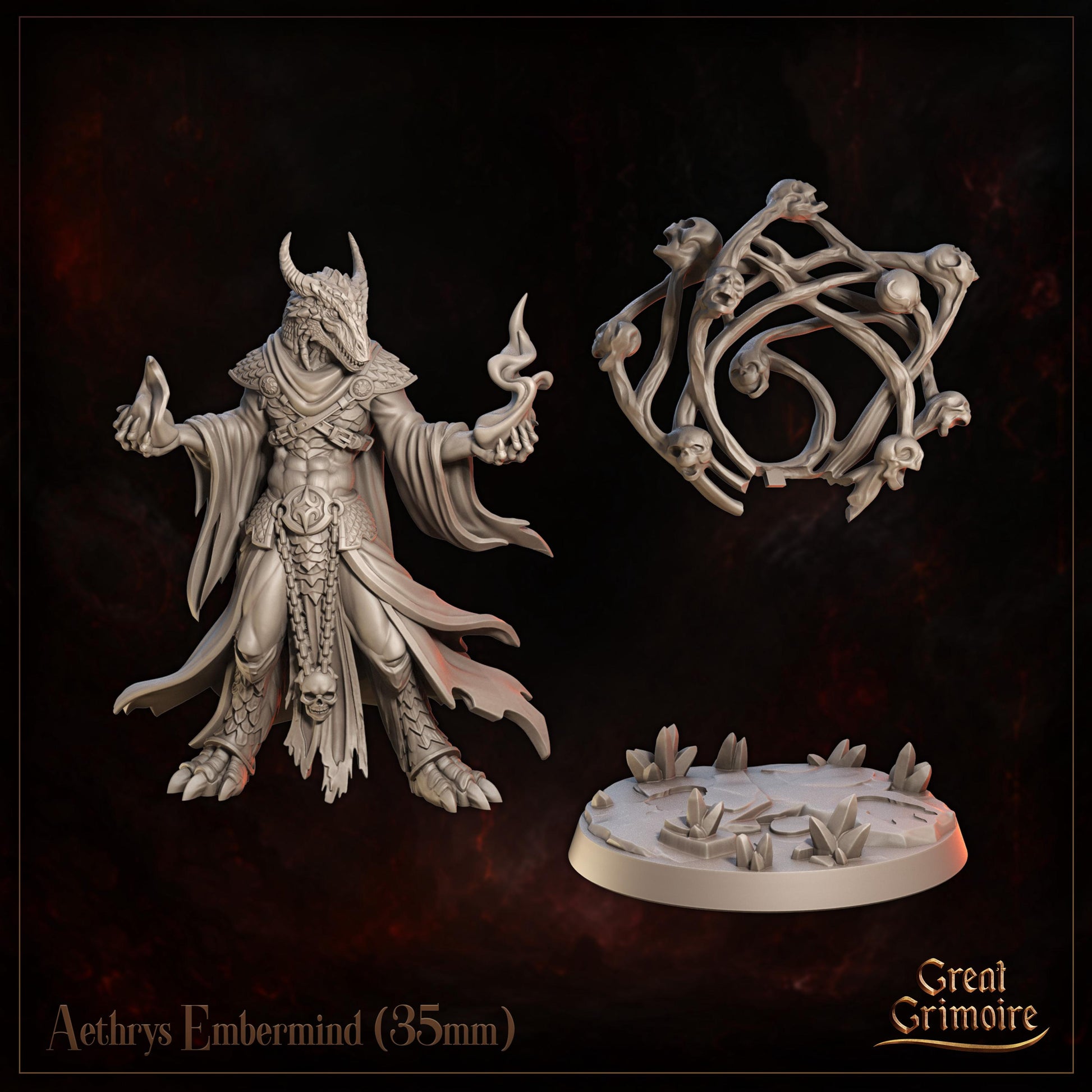 Dragonborn Spellcaster Miniature, Aethrys Embermind | Tabletop RPG Miniature | Great Grimoire | Roleplaying 3D Printed Fantasy Mini - 3DPrintDen