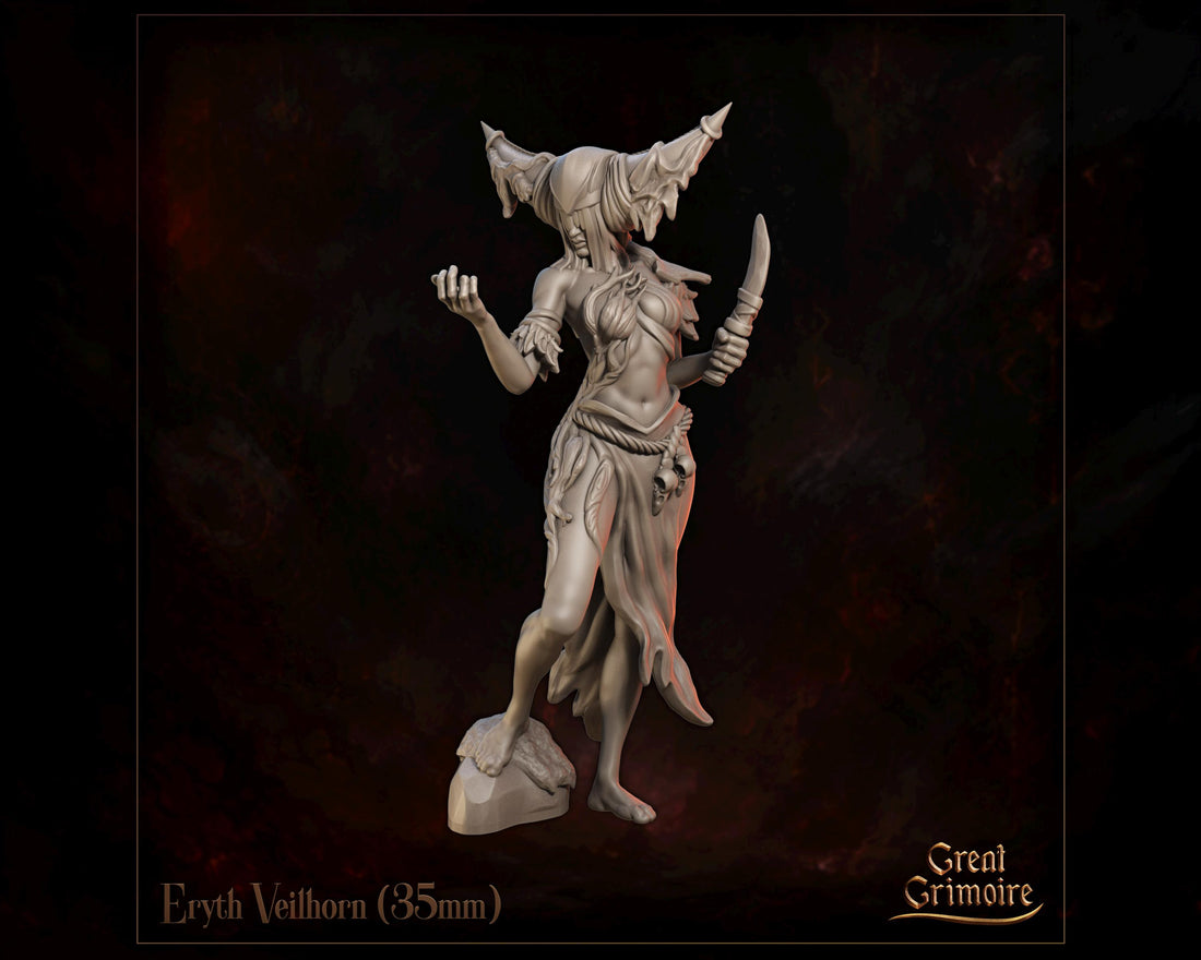 Female Seer Miniature, Eryth Veilhorn | Tabletop RPG Miniature | Great Grimoire | Roleplaying 3D Printed Fantasy Mini - 3DPrintDen