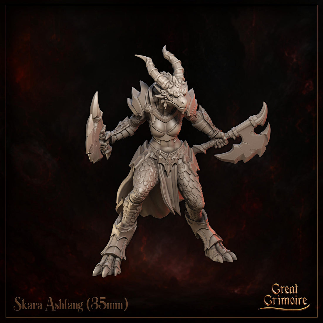Female Dragonborn Warrior Miniature, Skara Ashfang | Tabletop RPG Miniature | Great Grimoire | Roleplaying 3D Printed Fantasy Mini - 3DPrintDen