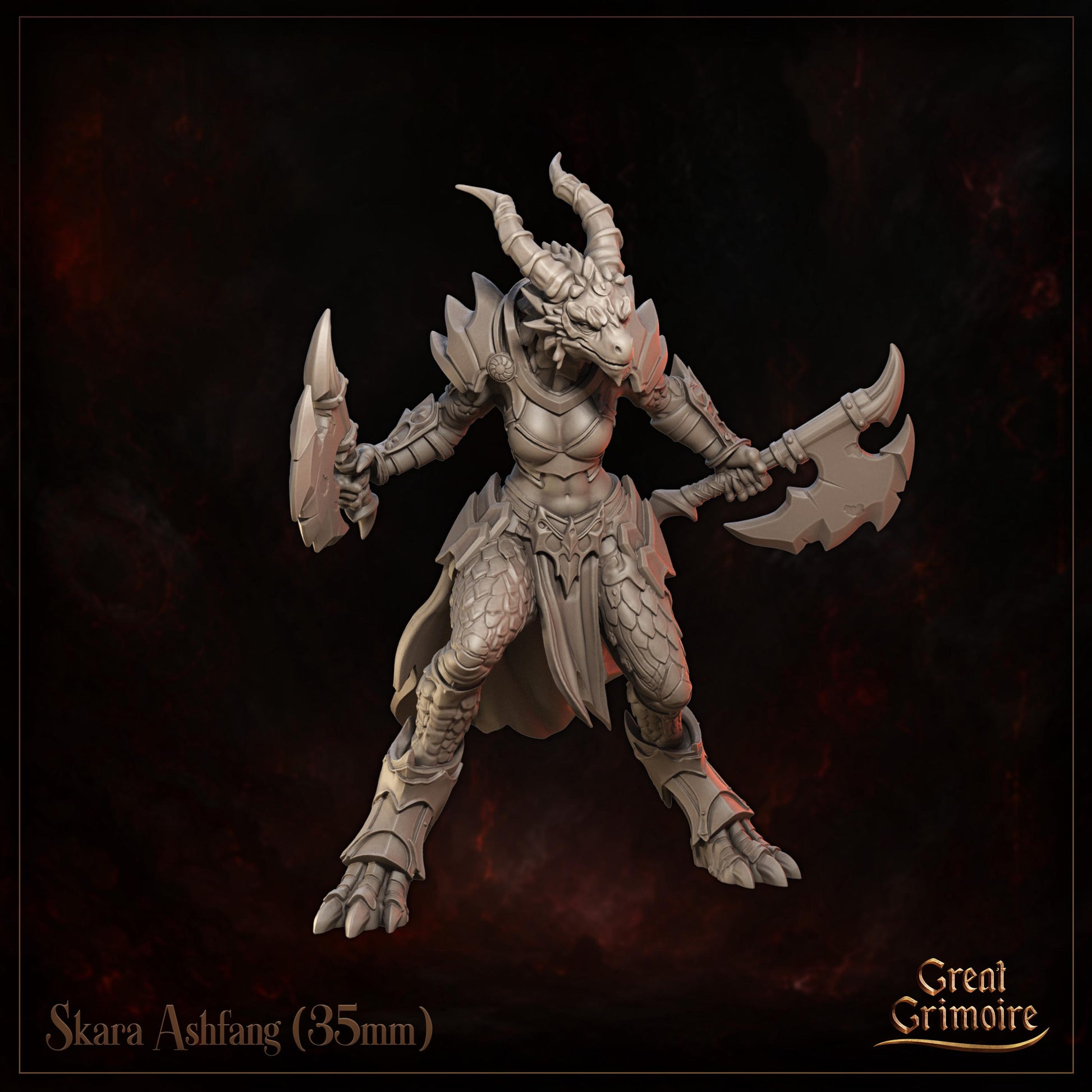 Female Dragonborn Warrior Miniature, Skara Ashfang | Tabletop RPG Miniature | Great Grimoire | Roleplaying 3D Printed Fantasy Mini - 3DPrintDen