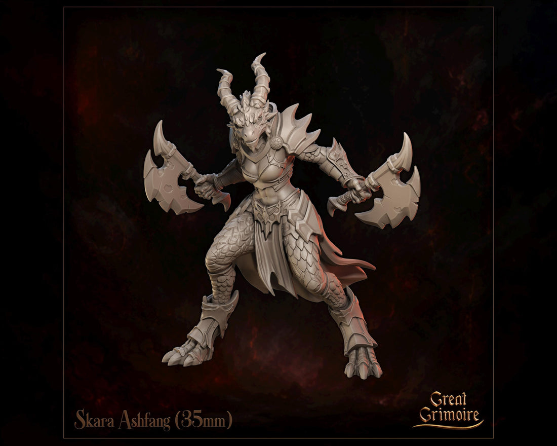 Female Dragonborn Warrior Miniature, Skara Ashfang | Tabletop RPG Miniature | Great Grimoire | Roleplaying 3D Printed Fantasy Mini - 3DPrintDen