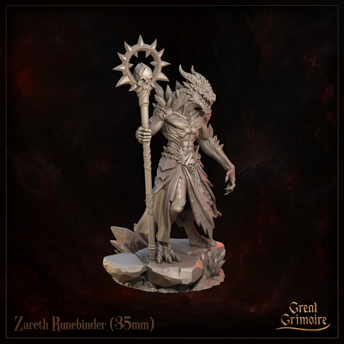 Dragonborn Runesmith Miniature, Zareth Runebinder | Tabletop RPG Miniature | Great Grimoire | Roleplaying 3D Printed Fantasy Mini - 3DPrintDen
