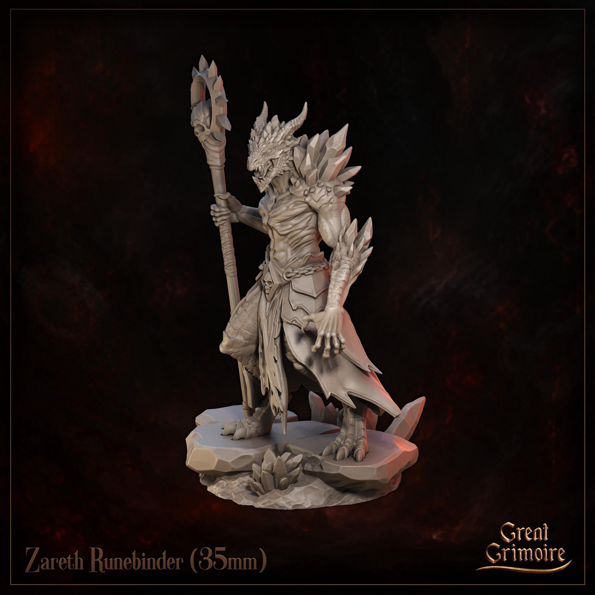 Dragonborn Runesmith Miniature, Zareth Runebinder | Tabletop RPG Miniature | Great Grimoire | Roleplaying 3D Printed Fantasy Mini - 3DPrintDen
