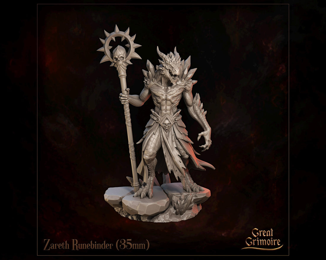 Dragonborn Runesmith Miniature, Zareth Runebinder | Tabletop RPG Miniature | Great Grimoire | Roleplaying 3D Printed Fantasy Mini - 3DPrintDen