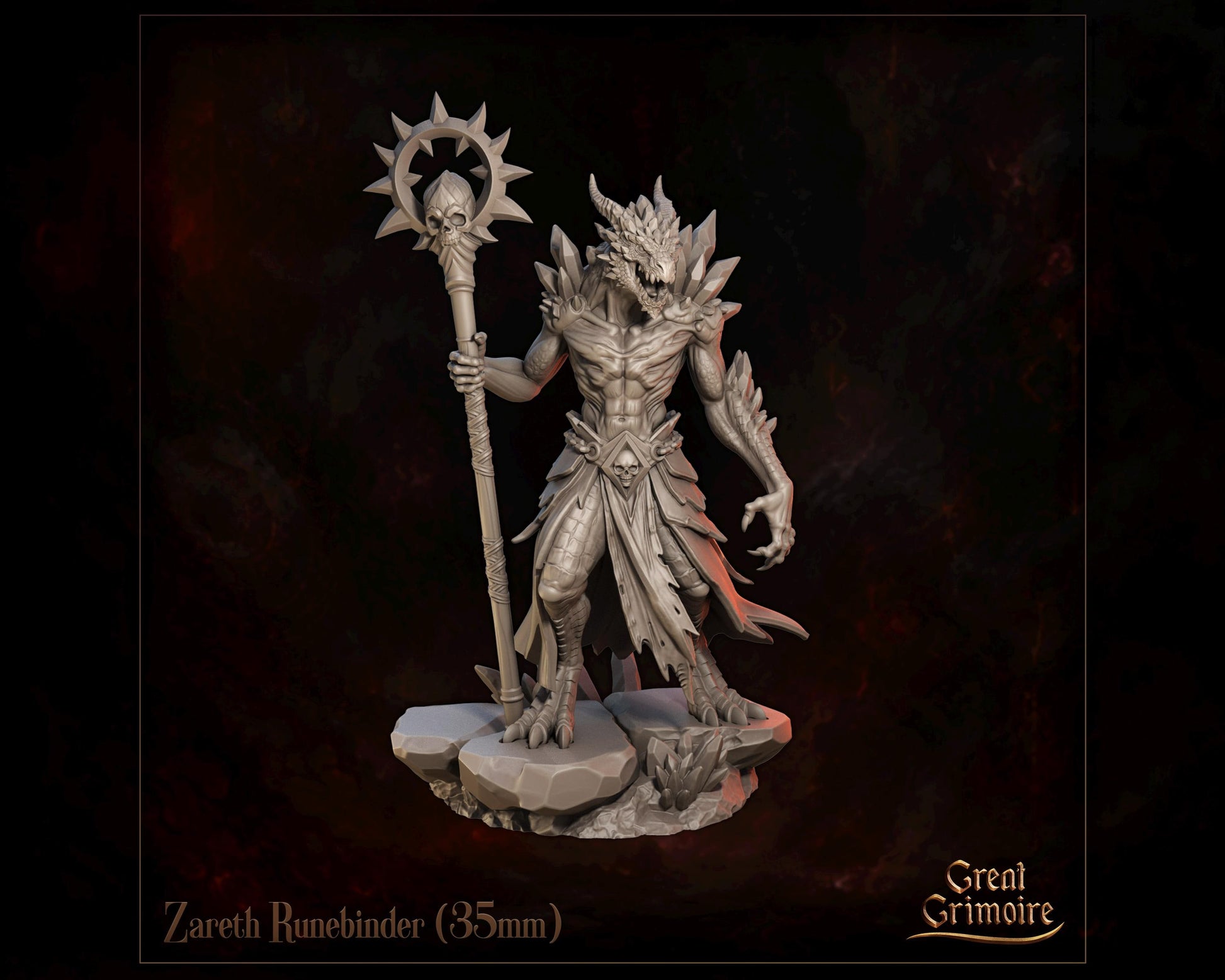Dragonborn Runesmith Miniature, Zareth Runebinder | Tabletop RPG Miniature | Great Grimoire | Roleplaying 3D Printed Fantasy Mini - 3DPrintDen