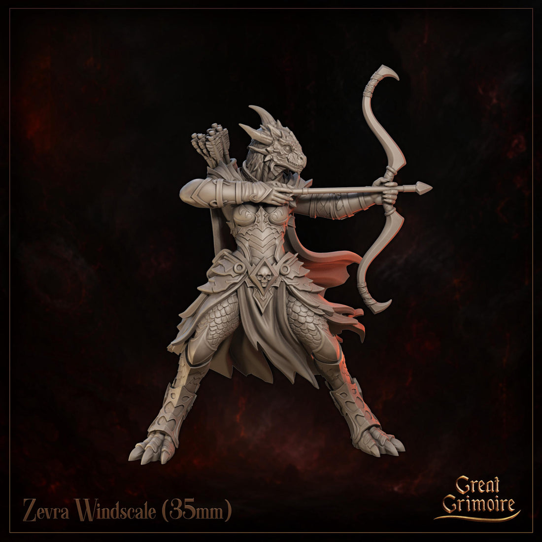 Female Dragonborn Archer Miniature, Zevra Windscale | Tabletop RPG Miniature | Great Grimoire | Roleplaying 3D Printed Fantasy Mini - 3DPrintDen