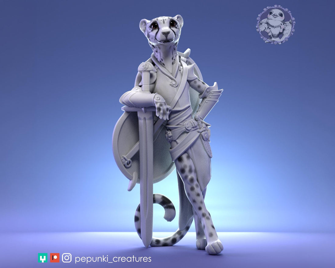 Cheetah Paladin Miniature | Tabletop RPG Miniature | Pepunki Creatures | Roleplaying 3D Printed Fantasy Mini - 3DPrintDen