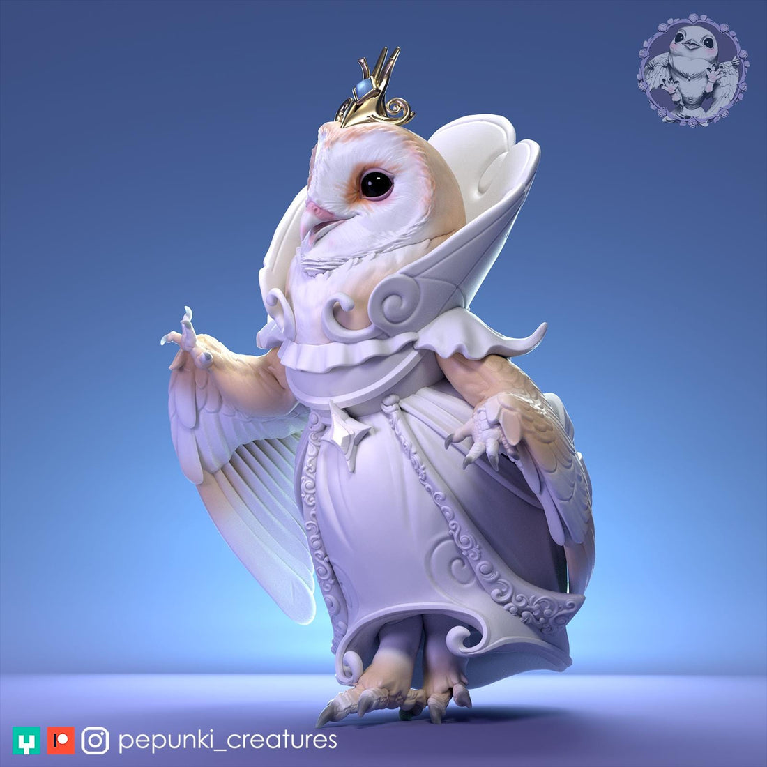Barn Owl Princess Miniature | Tabletop RPG Miniature | Pepunki Creatures | Roleplaying 3D Printed Fantasy Mini - 3DPrintDen