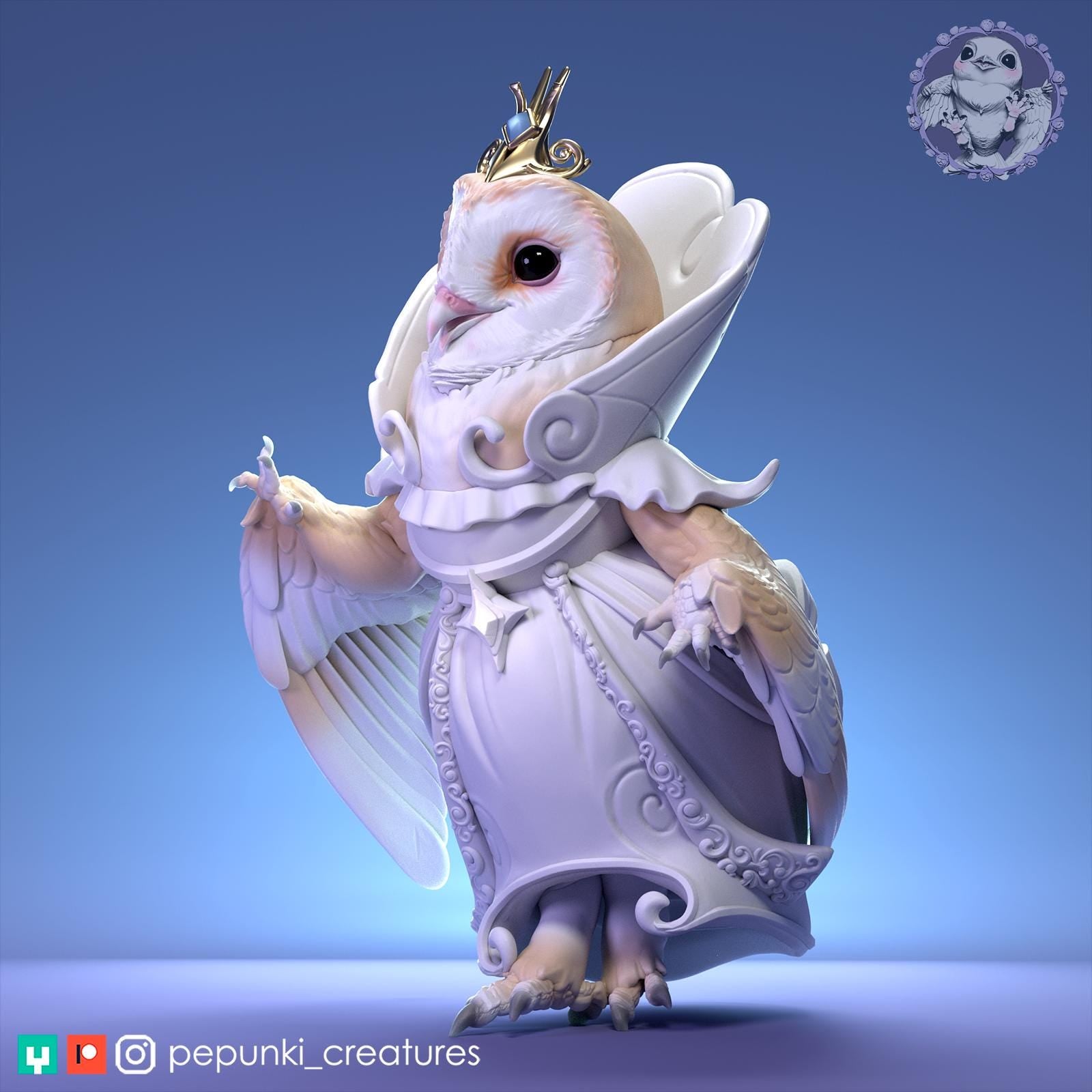 Barn Owl Princess Miniature | Tabletop RPG Miniature | Pepunki Creatures | Roleplaying 3D Printed Fantasy Mini - 3DPrintDen